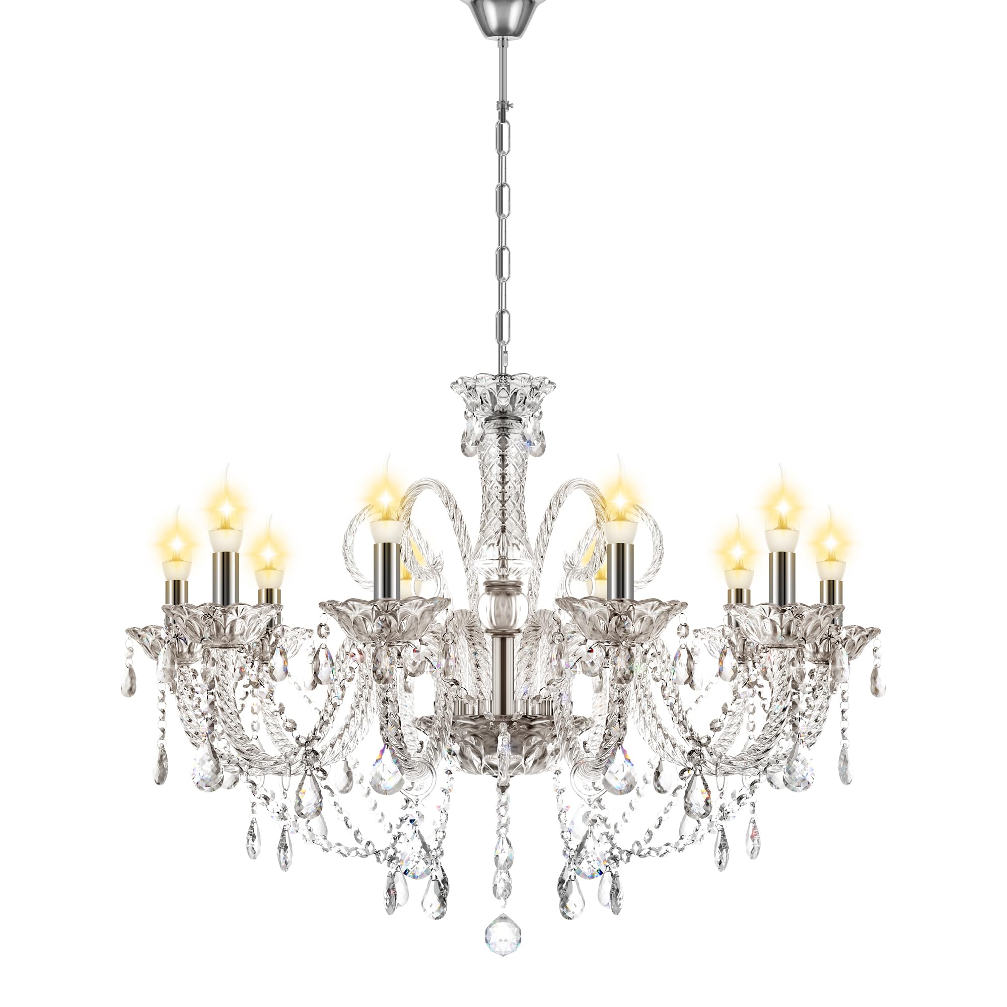 Ridgeyard 10-Light Crystal Chandelier Cognac/Champagne Modern K9 Crystal Candle Pendant Lamp Ceiling Lighting Fixture, Chandeliers for Dining Room Home Decor