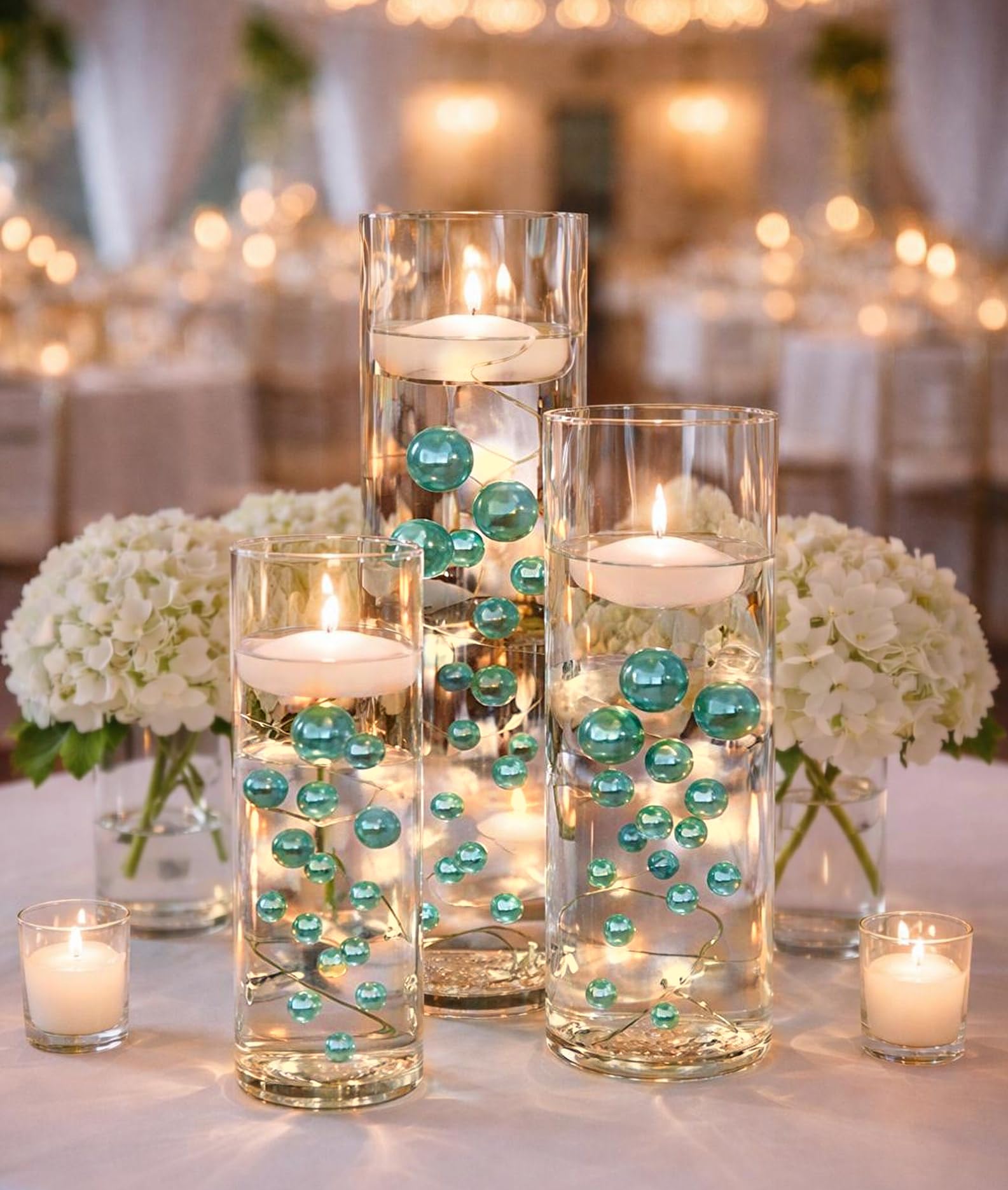 Vase Pearlfection 200 Floating White Pearls with Sparkling Gems- Large Sizes- 12 White Submersible LED Fairy Lights Strings with Hidable & Submersible Batteries- Fills 4 Gallons for Your Vases