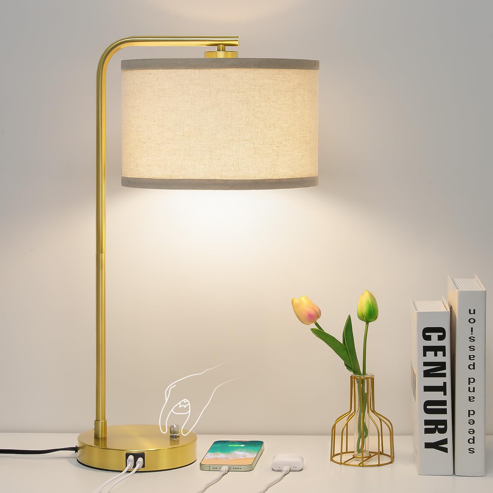 Seaside village Bedside Table Lamp with USB C+A Charging Ports, Fully Dimmable Industrial Tall Nightstand Reading Desk Lamp for Bedroom, Living Room, Office, 9W LED Bulb Included