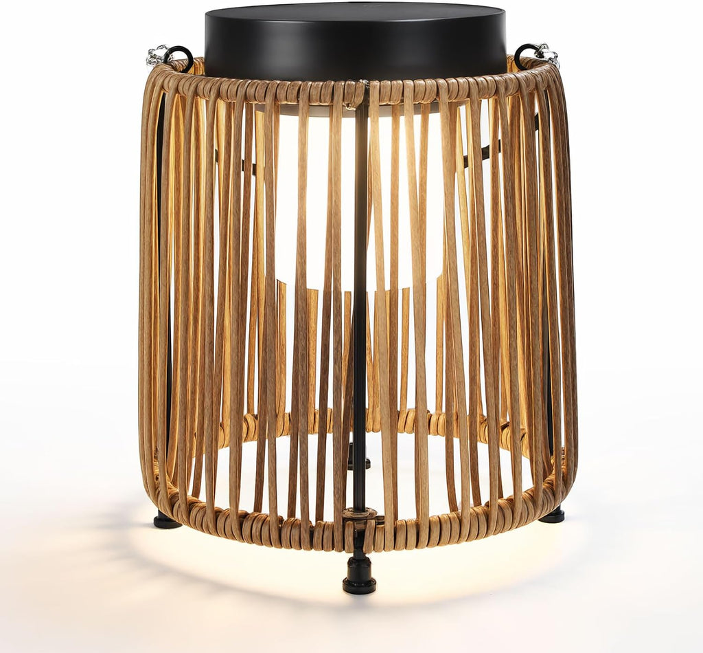 Solar Lanterns Outdoor Waterproof IP54, Handwoven Wicker Outdoor Table Lamps Portable Rechargeable with 30H+ Runtime, Dual USB-C/Solar Charging Hanging Lantern, 3 Brightness Levels