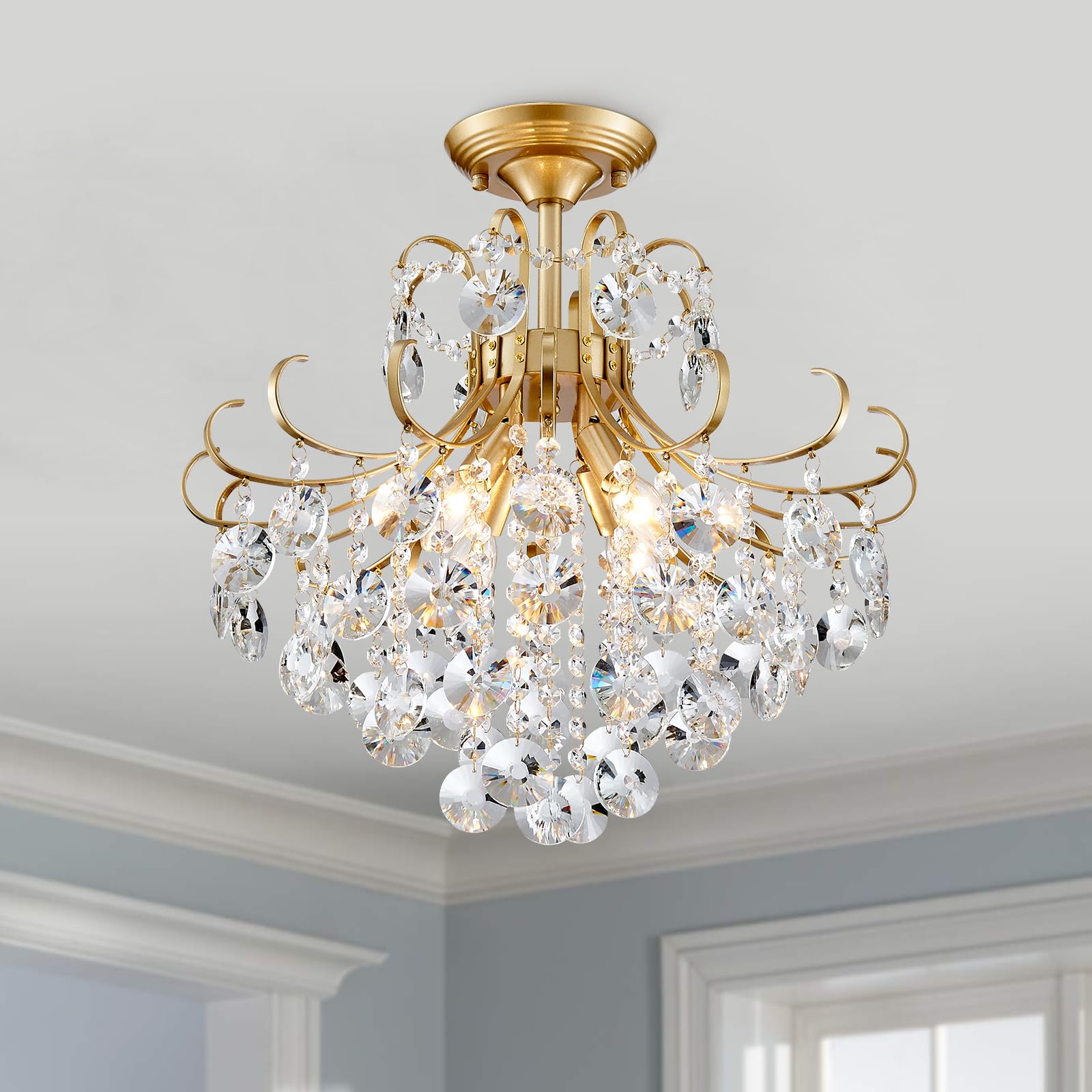 5-Light Modern Candle Crystal Glass Chandelier Pendant Ceiling Lighting Fixture for Dining Room Kitchen Hallway Living Room Bedroom Bar Closet, 23" Chrome Contemporary Elegant Lamp
