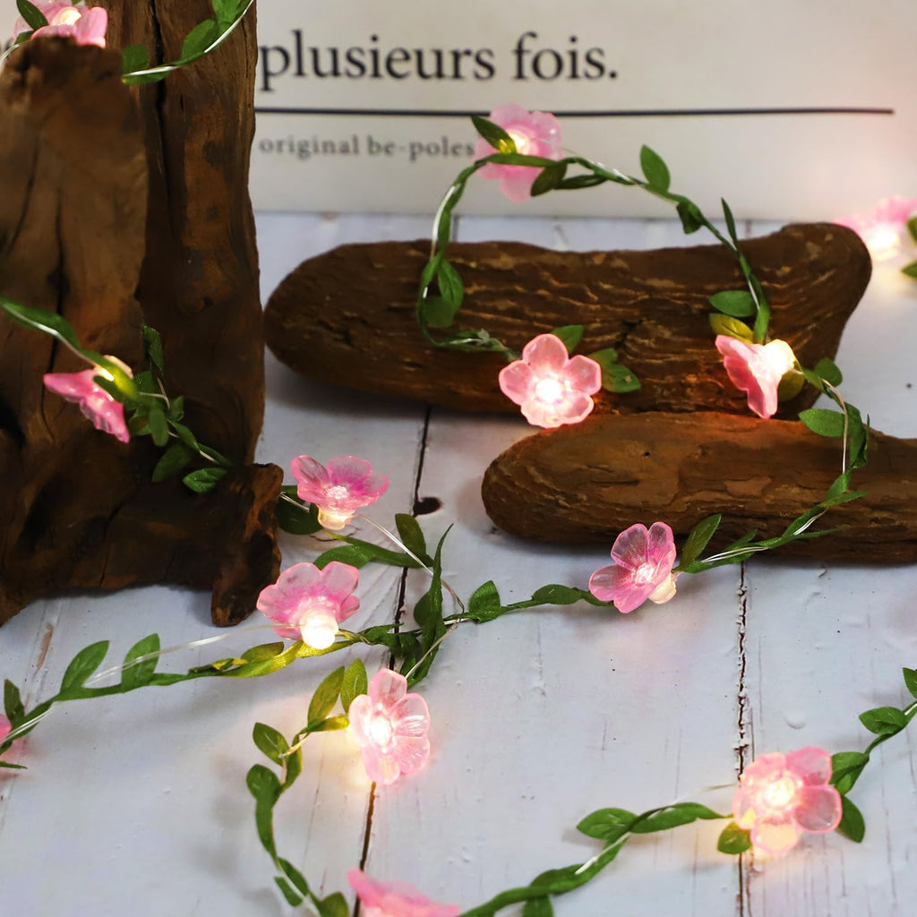 Cherry Blossom Decor Flower String Lights Vines with Fairy Lights Christmas, 30 LED Copper with Remote Control Battery Operated Pink Flower Garland Leaf for Locker, Wall,Christmas Decorations-4 Pack