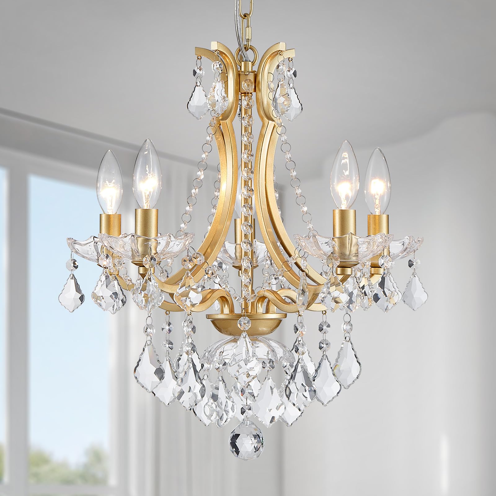 WUZUPS Crystal 5-Light Candle Chandelier Pendant Flushmount Ceiling Light Modern Lighting Fixture for Bedroom Hallway Bar Kitchen Bathroom, H 20.9" x W 21.7", Brushed Nickel, E12 Base