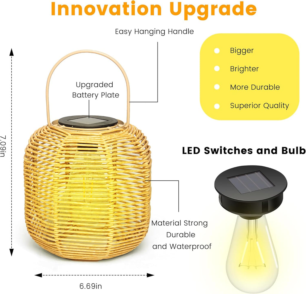 HPC Decor 2 PK Solar Lanterns-Outdoor Lanterns Waterproof, Rattan Solar Lights, Hanging Solar Lanterns Outdoor,Solar Lamp Lights,Decoration Lights for Garden,Patio,Porch,Trees,Pathway,Outside.
