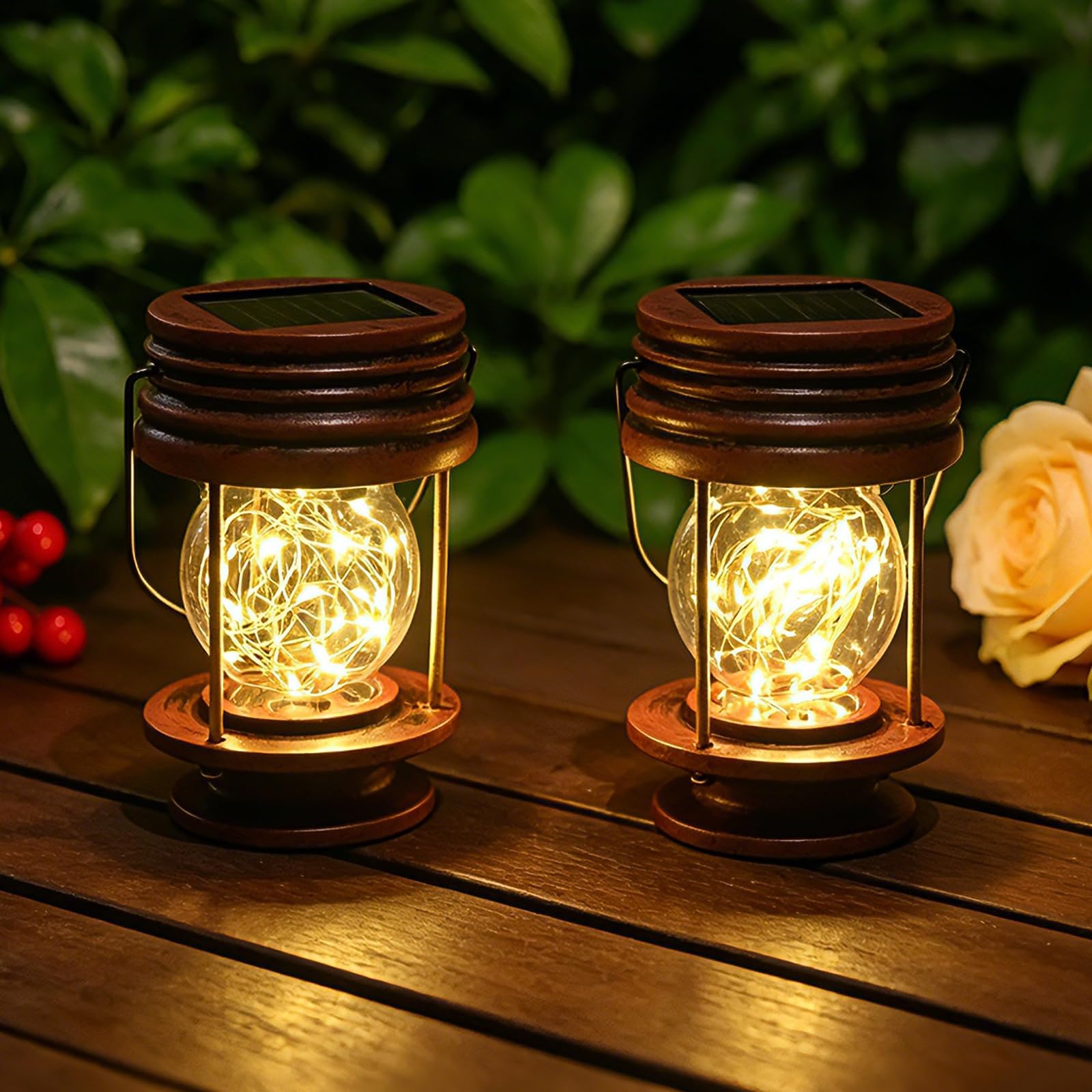 Solar Lanterns Outdoor Patio Decor, 2 Pack Large Hanging Solar Lights Waterproof, 30LM Bright Retro Decorative Table Lamps with Warm Glow for Porch, Yard, Garden, Pathway & Backyard Decoration