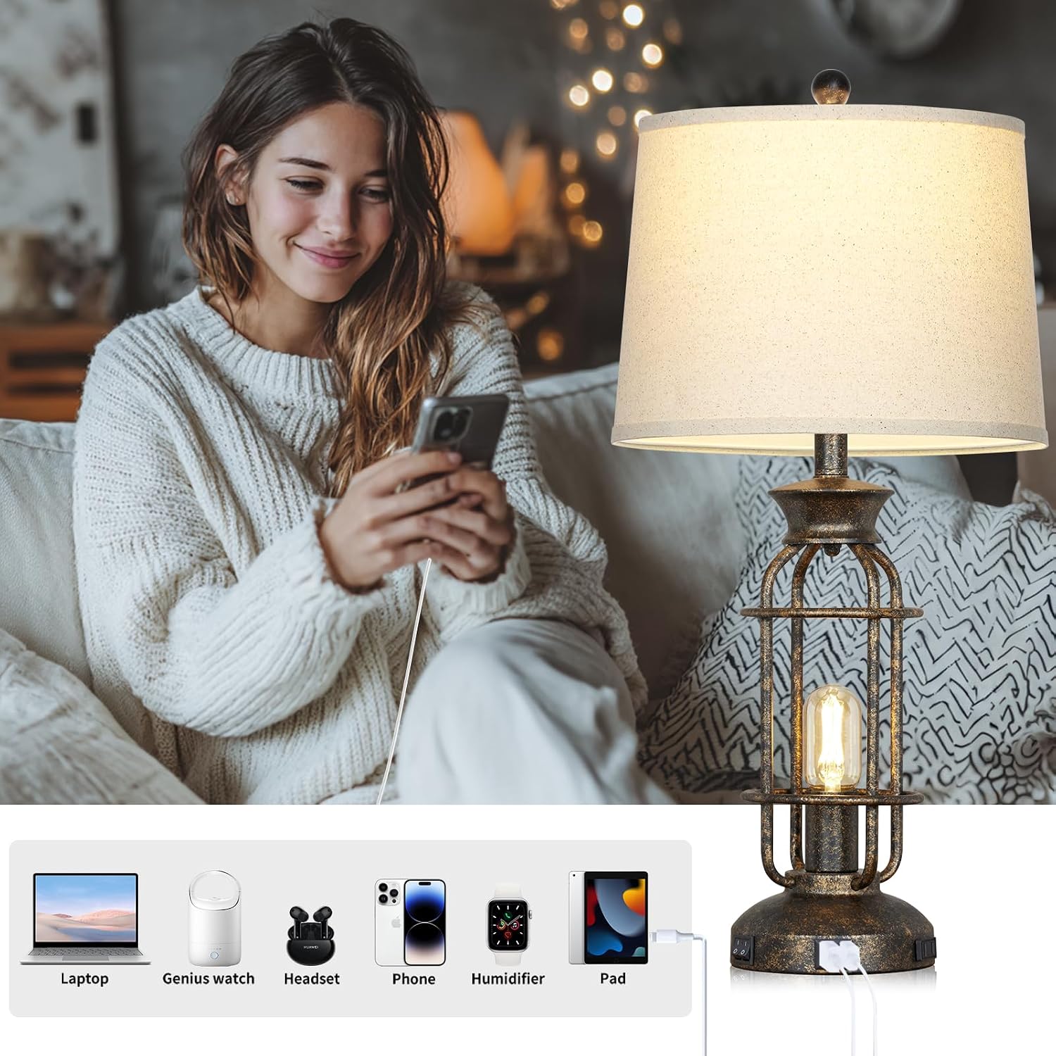 28" Vintage Table Lamps for Living Room, Industrial Farmhouse Table Lamp with USB C+A Ports & Outlet, Rustic Nightstand Bedside Lamps with 2 Night Light for Bedroom End Tables Bronze, 4 Bulbs Included