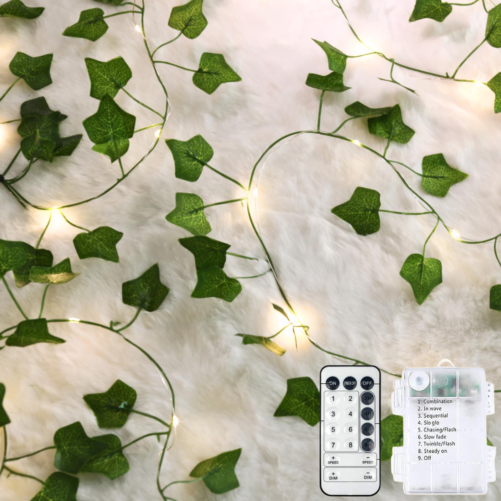 4 Pack Vines with Fairy Lights 40ft 120 LED Pothos String Lights USB Plugin & Battery Operated Leaf Lights with Timer 8 Modes Remote Decorative Light for Bedroom Wedding Party - Warm White