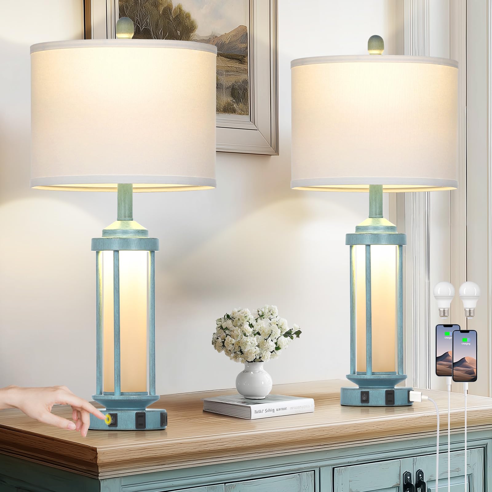 28" Vintage Table Lamps for Living Room, Industrial Farmhouse Table Lamp with USB C+A Ports & Outlet, Rustic Nightstand Bedside Lamps with 2 Night Light for Bedroom End Tables Bronze, 4 Bulbs Included