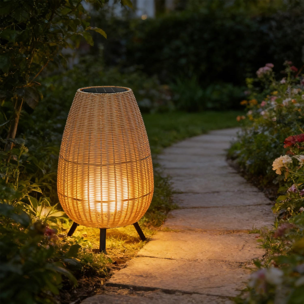MIXL-Beige Shade Outdoor Floor Lamp,Waterproof Solar Lamp with Rattan Lampshade,Solar Lights Camping,Modern Outdoor Lighting for Yard Patio