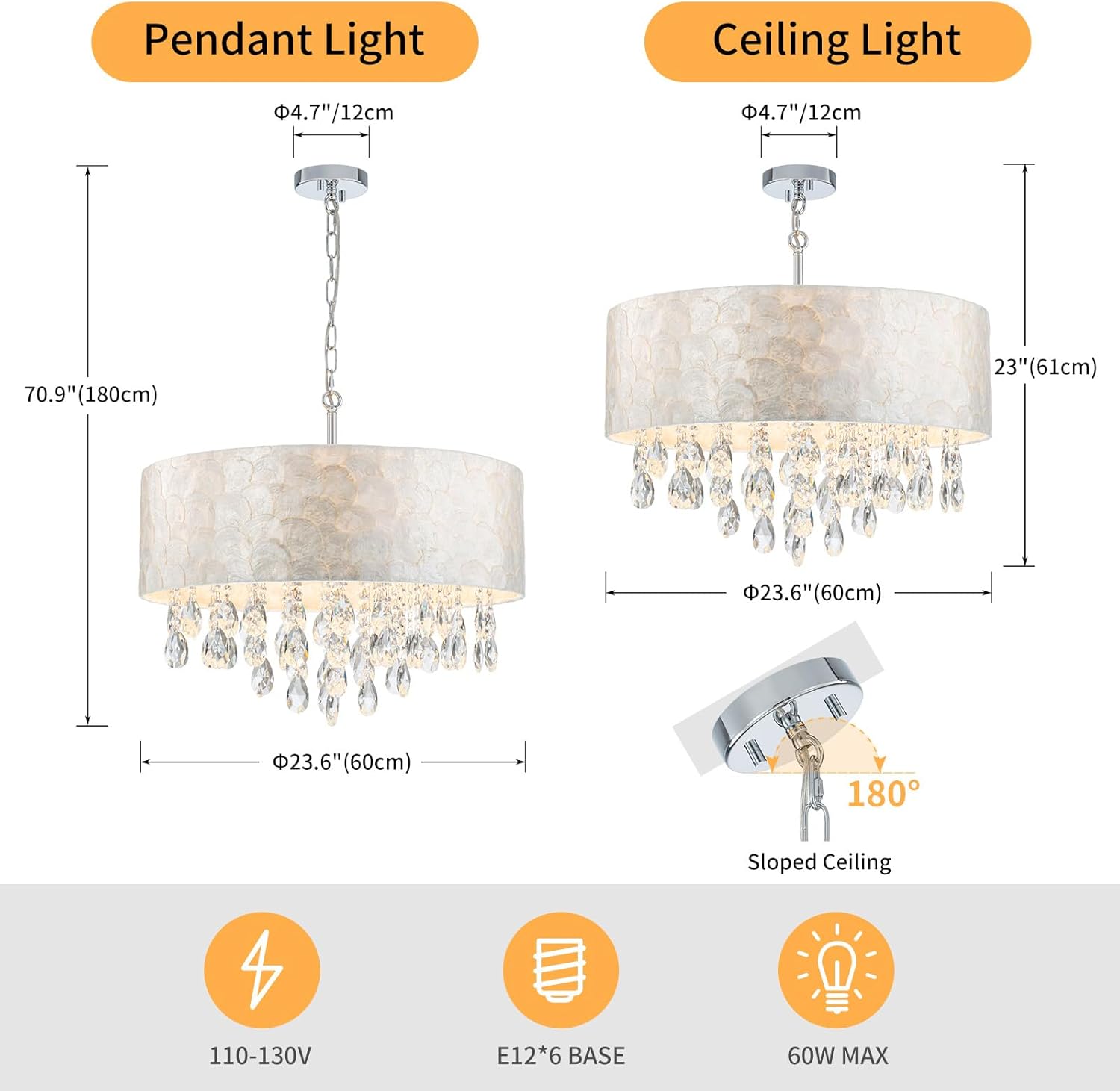 LumFurn X-Large 6-Light Drum Capiz Shell Crystal Chandeliers, Coastal Style Pendant Light Fixture for Dining Room, Living Room, D24 x H23~71 inch(Adjustable), Shell Lampshade & Chrome Finish