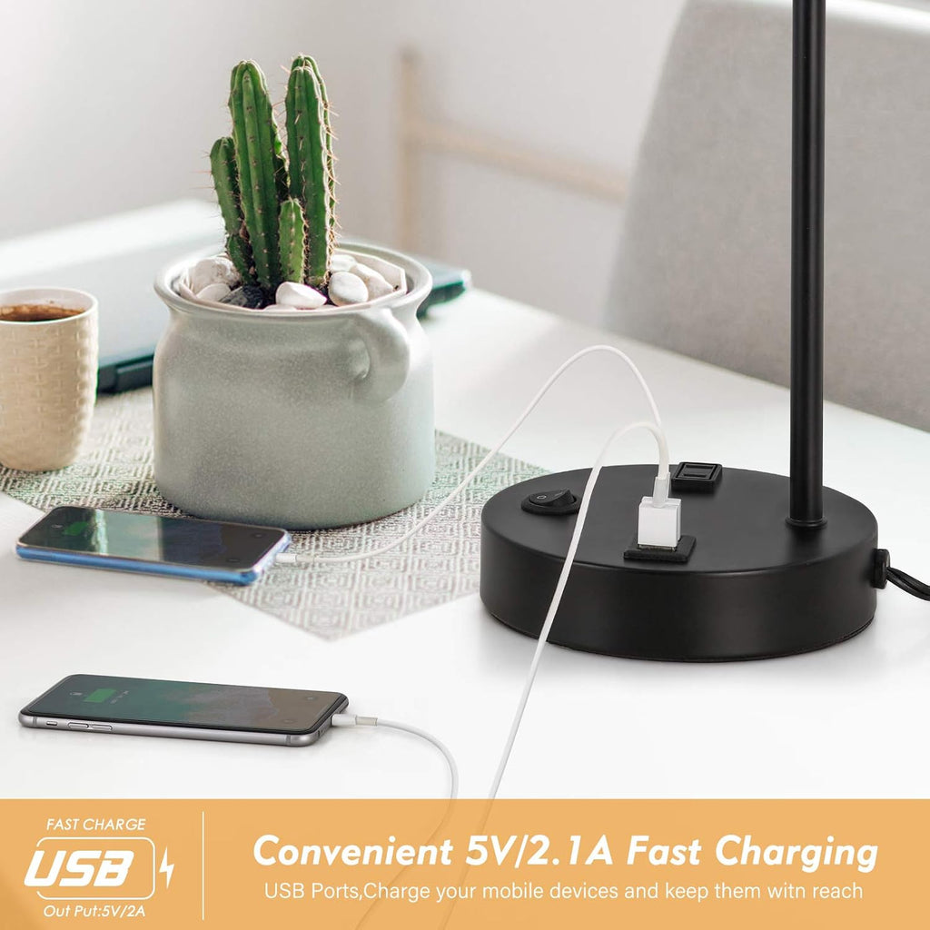 HAITRAL USB Modern Table Lamp with Outlet, Industrial Farmhouse Bedside Desk Lamp for Bedroom, Office, Living Room, Black (Without Bulb)