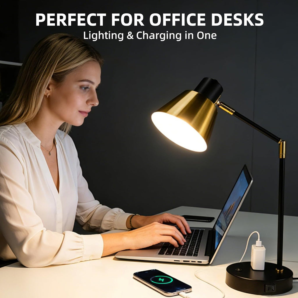 Modern Desk Lamp with USB & AC Outlet, Adjustable Industrial Table Lamp, Heavy Base, 270° Swivel, E26 Socket for A15/G45/T45 Bulbs, Bedside Lamp for Bedroom, Office, Living Room (Bulb Not Included)