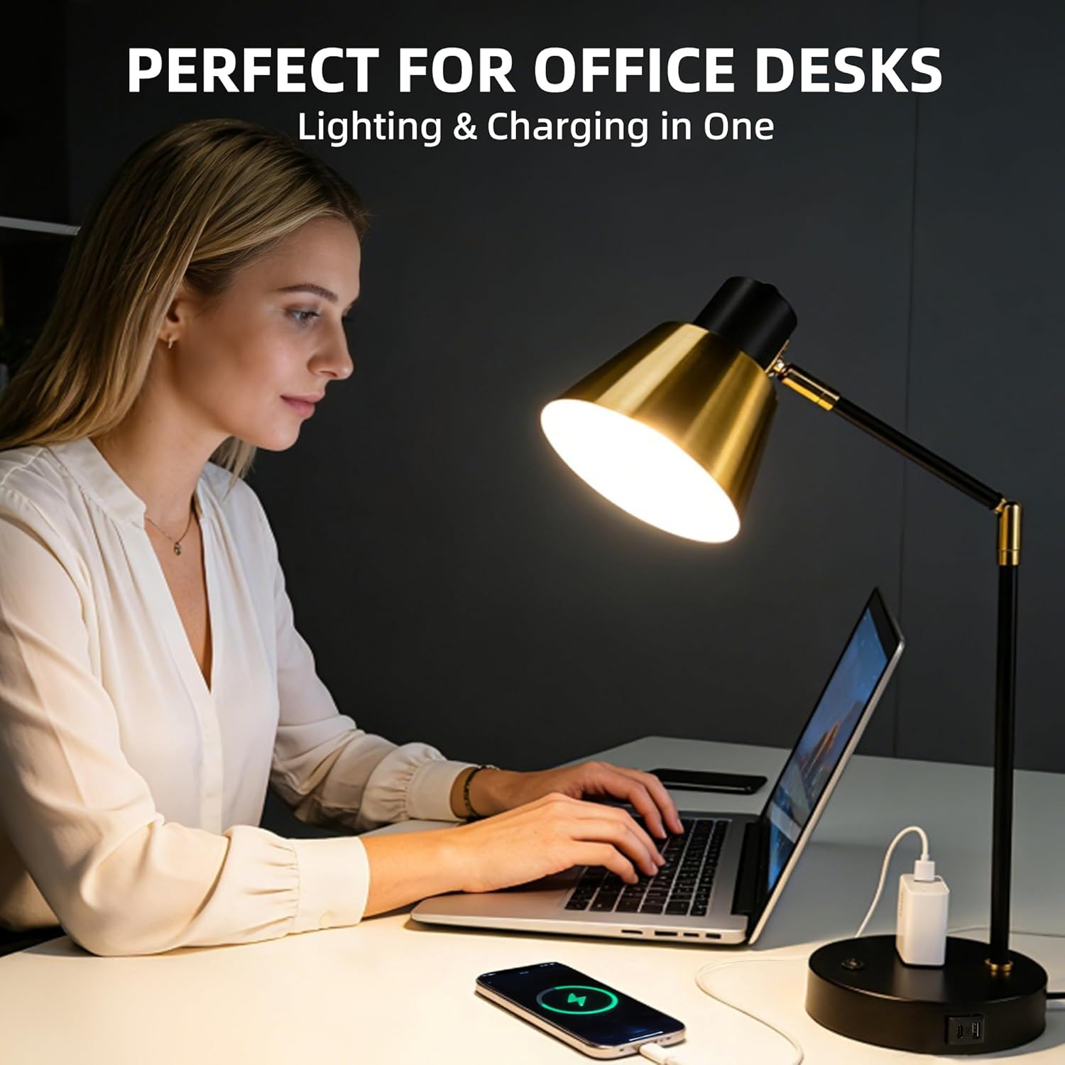 Modern Desk Lamp with USB & AC Outlet, Adjustable Industrial Table Lamp, Heavy Base, 270° Swivel, E26 Socket for A15/G45/T45 Bulbs, Bedside Lamp for Bedroom, Office, Living Room (Bulb Not Included)