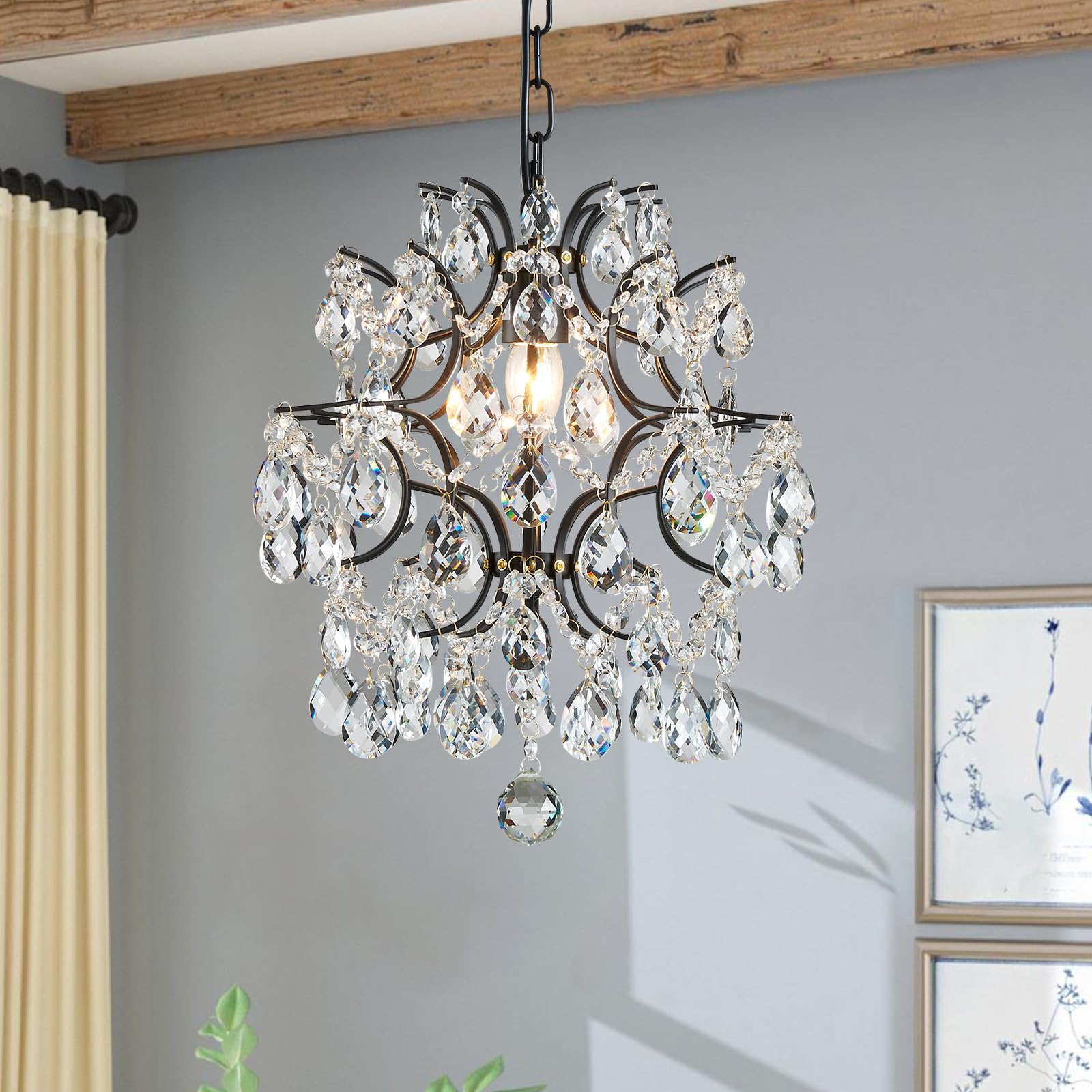 Bestier Gold Modern Pendant Chandelier Crystal Raindrop Lighting Ceiling Light Fixture Lamp for Dining Room Bathroom Bedroom Livingroom entryway 1 E26 Bulbs Required D13 in x H16 in