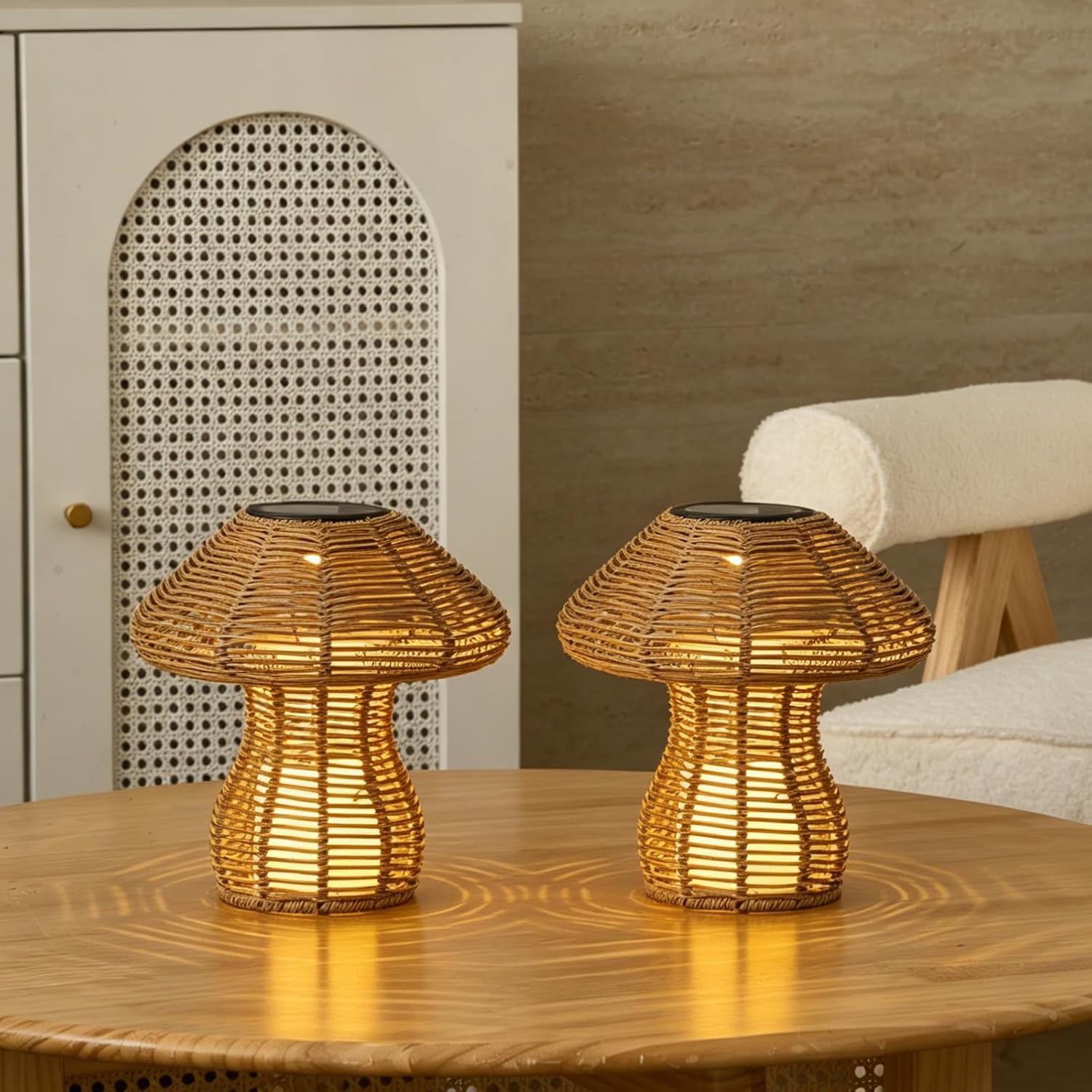 Portable Rattan Table Lamp for Indoor Outdoor, CE,RoHS Certified Solar Charging & Replaceable Battery LED Light, Ratten Bedroom Lamp with Warm Candle Bulb for Patio Bedroom, Pack of 2