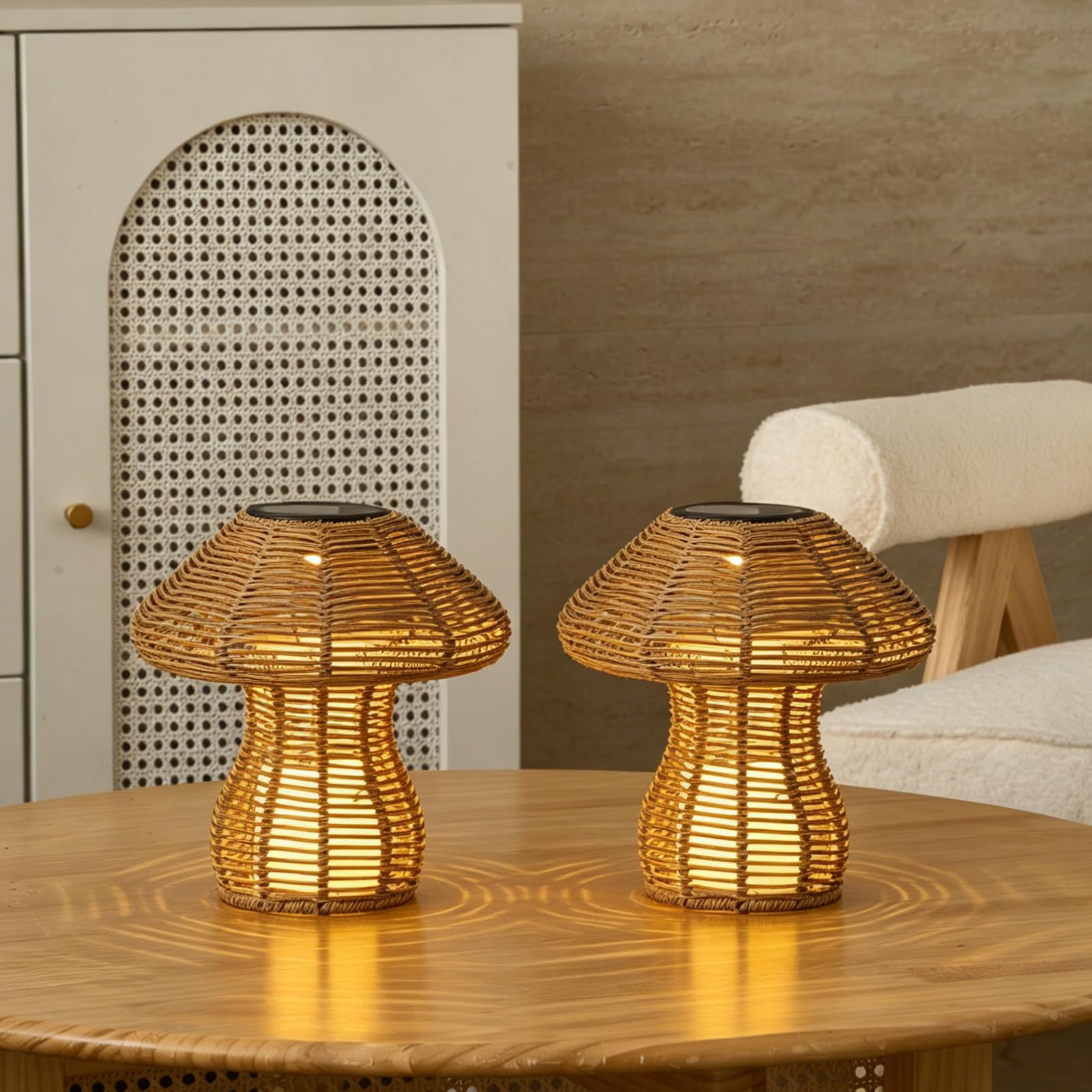 Portable Rattan Table Lamp for Indoor Outdoor, CE,RoHS Certified Solar Charging & Replaceable Battery LED Light, Ratten Bedroom Lamp with Warm Candle Bulb for Patio Bedroom, Pack of 2