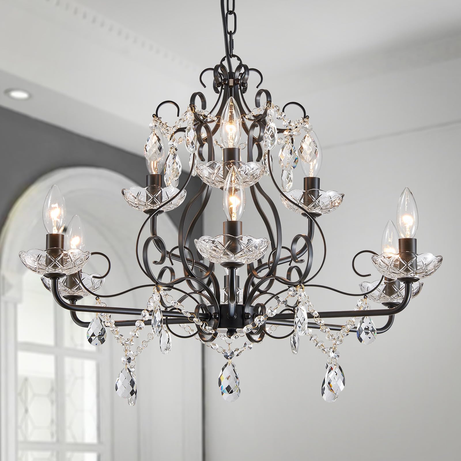 WUZUPS Crystal 5-Light Candle Chandelier Pendant Flushmount Ceiling Light Modern Lighting Fixture for Bedroom Hallway Bar Kitchen Bathroom, H 20.9" x W 21.7", Brushed Nickel, E12 Base