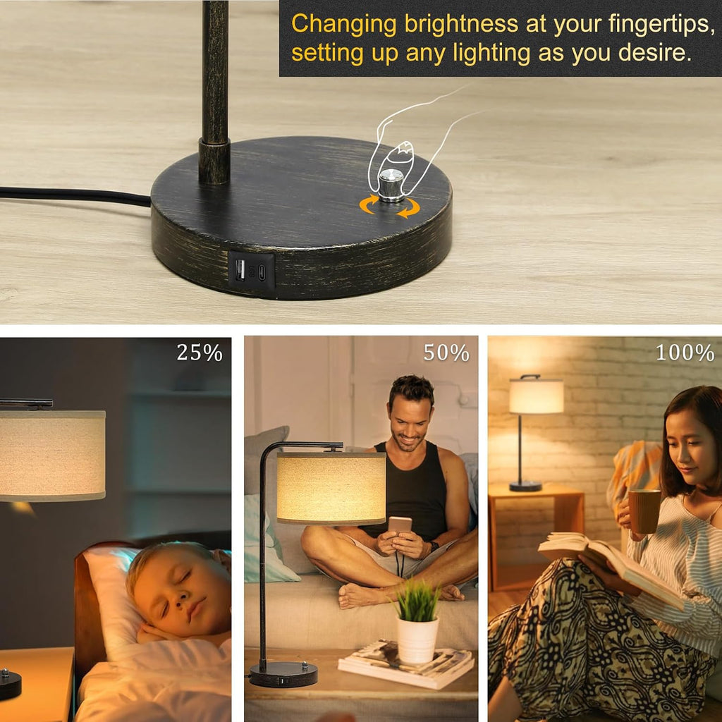 Seaside village Bedside Table Lamp with USB C+A Charging Ports, Fully Dimmable Industrial Tall Nightstand Reading Desk Lamp for Bedroom, Living Room, Office, 9W LED Bulb Included
