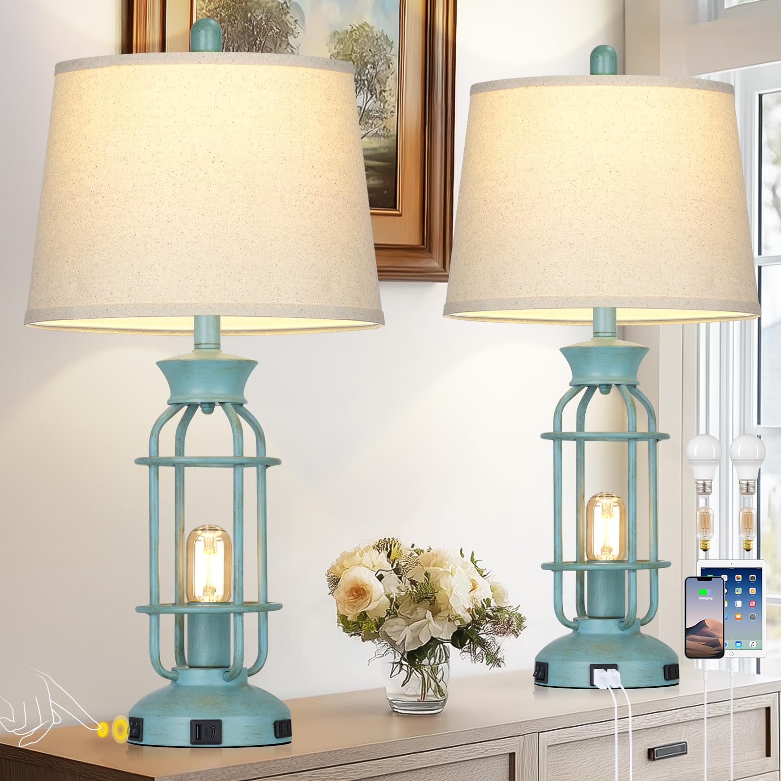 28" Vintage Table Lamps for Living Room, Industrial Farmhouse Table Lamp with USB C+A Ports & Outlet, Rustic Nightstand Bedside Lamps with 2 Night Light for Bedroom End Tables Bronze, 4 Bulbs Included