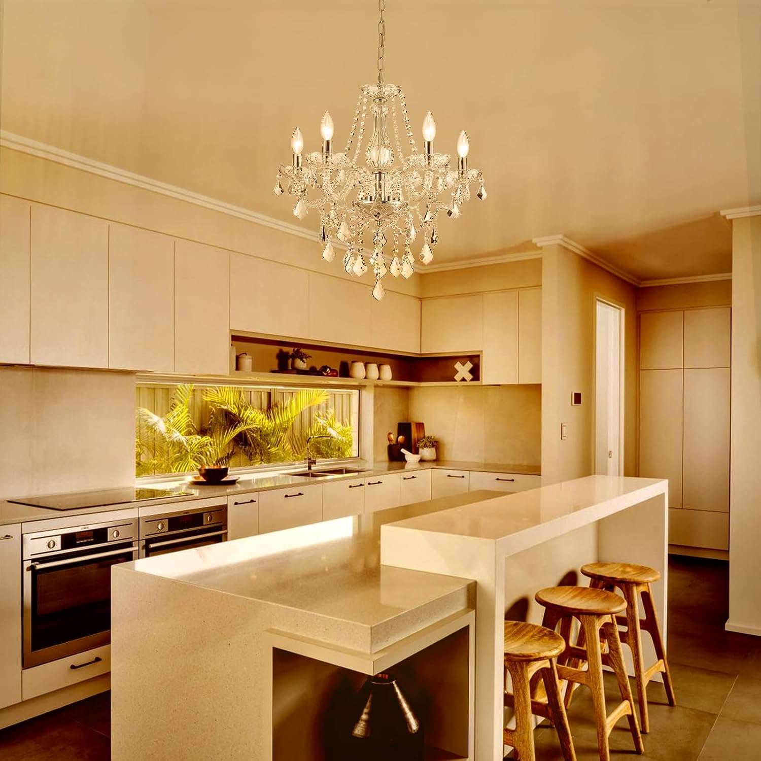 5-Light Modern Candle Crystal Glass Chandelier Pendant Ceiling Lighting Fixture for Dining Room Kitchen Hallway Living Room Bedroom Bar Closet, 23" Chrome Contemporary Elegant Lamp