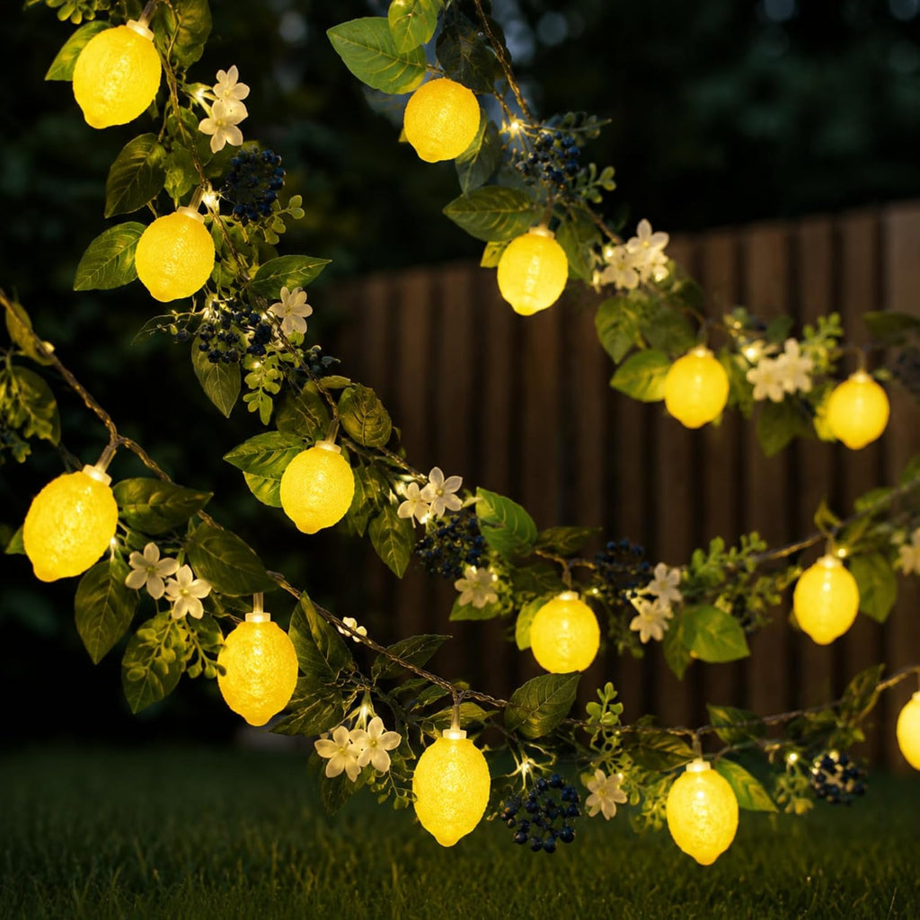 Baquler 2 Pcs Total 13.12ft 20leds 3D Lemon LED String Lights Battery Operated Summer Artificial Fruit Garland Lemon Light Bulbs with Flower Leaves Fairy Lights for Wedding Party Table Decorations