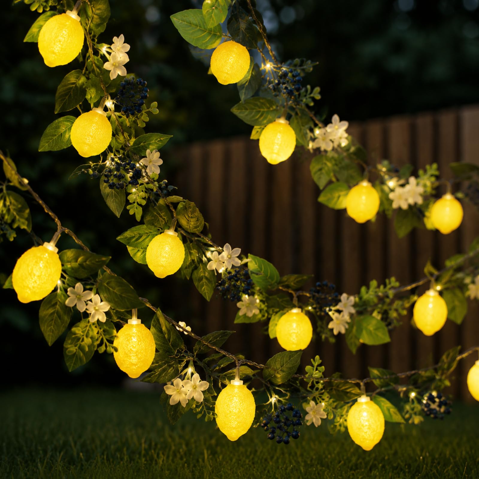Baquler 2 Pcs Total 13.12ft 20leds 3D Lemon LED String Lights Battery Operated Summer Artificial Fruit Garland Lemon Light Bulbs with Flower Leaves Fairy Lights for Wedding Party Table Decorations