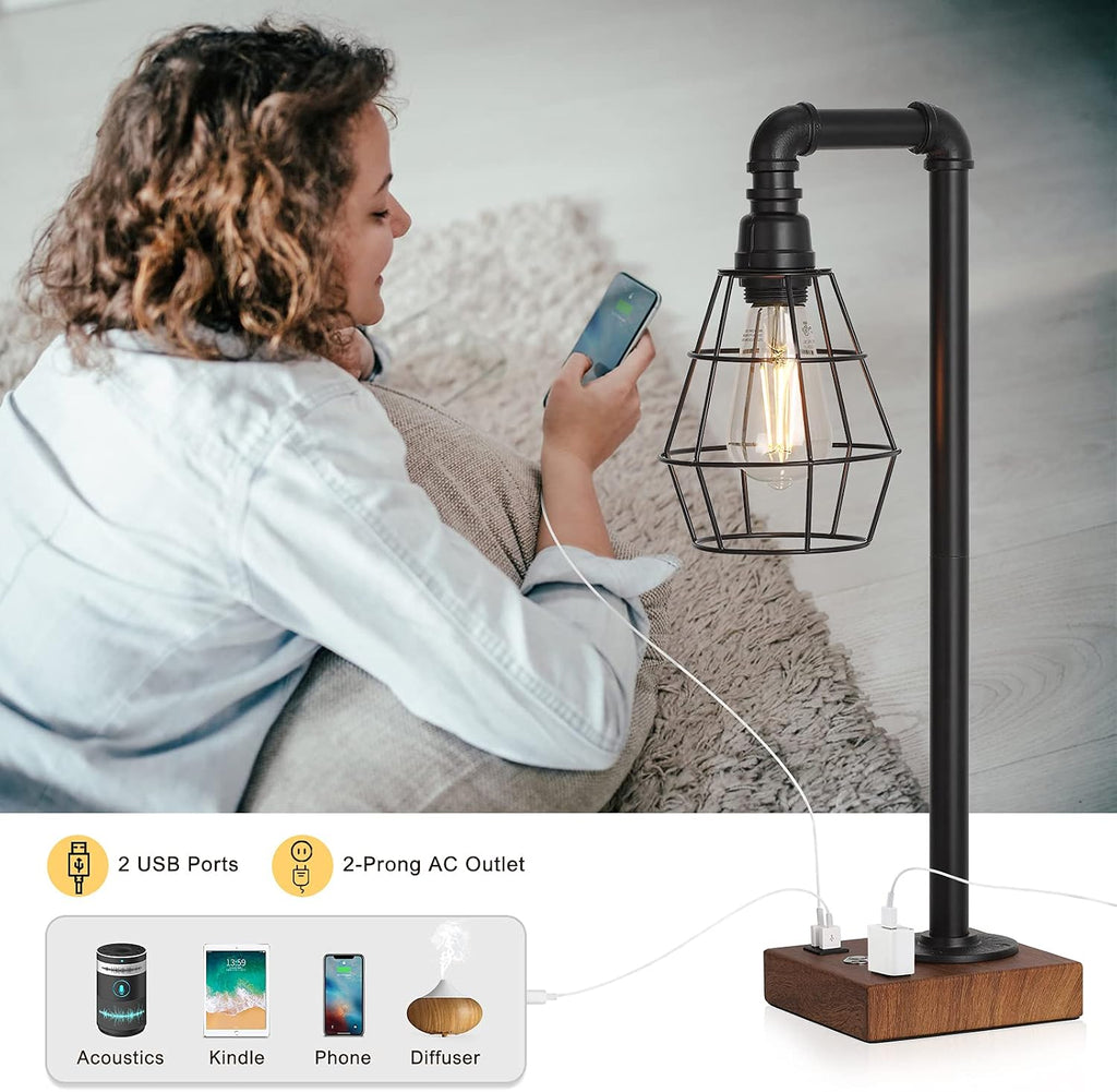 Industrial Touch Control Table Lamp, LED Bulb Included, 3 Way Dimmble Lamp with 2 USB Ports and AC Outlet, Bedside Nightstand Desk Lamps with Metal Cage Shade for Bedroom Living Room Farmhouse