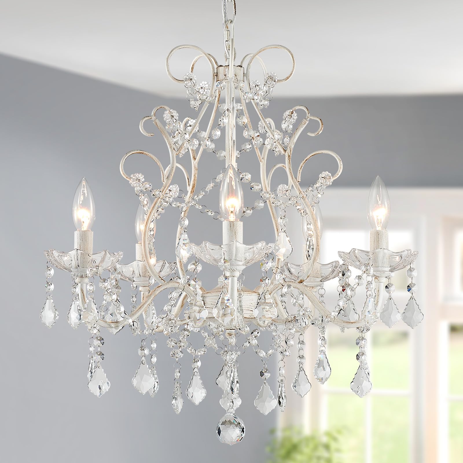 WUZUPS Crystal 5-Light Candle Chandelier Pendant Flushmount Ceiling Light Modern Lighting Fixture for Bedroom Hallway Bar Kitchen Bathroom, H 20.9" x W 21.7", Brushed Nickel, E12 Base