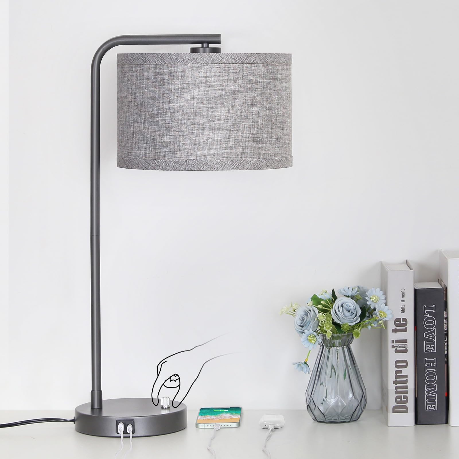 Seaside village Bedside Table Lamp with USB C+A Charging Ports, Fully Dimmable Industrial Tall Nightstand Reading Desk Lamp for Bedroom, Living Room, Office, 9W LED Bulb Included