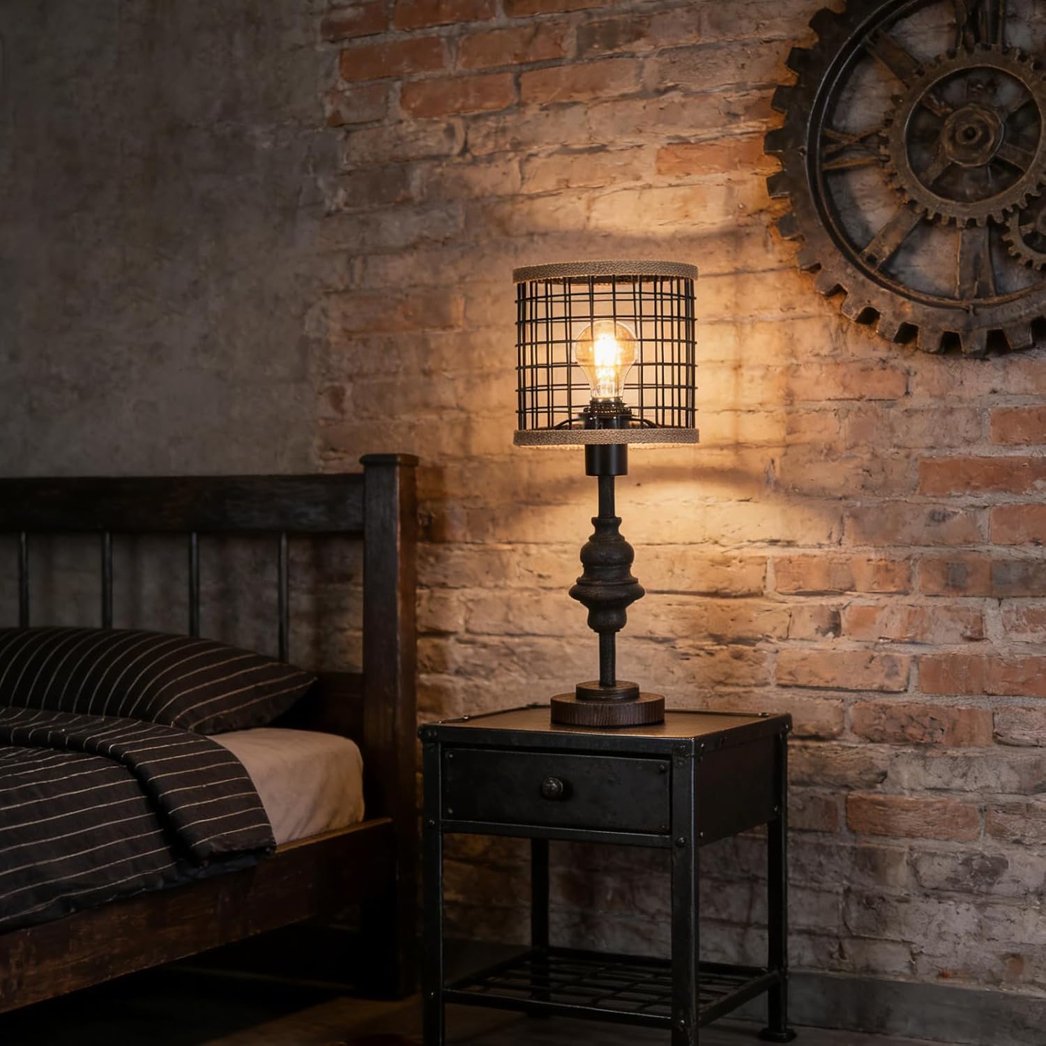 Black Industrial Metal Mesh Table Lamp, 20" Tall Farmhouse Bedside Lamp with Burlap Trim, 5ft Brown Cord & Rotary Switch, E26 Bakelite Socket for Bedroom Living Room