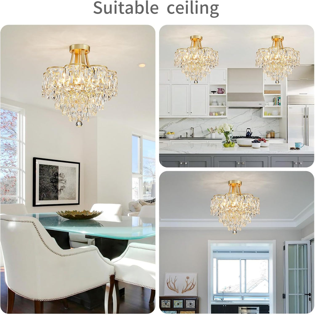WUZUPS Crystal Chandelier Semi-Flushmount Ceiling Light Modern Lighting Fixture for Bedroom Hallway Entry Kitchen Bathroom, H 19.3" x W 18.3", E12 Base, Gold