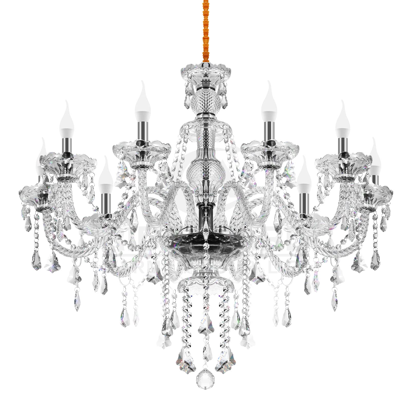 Ridgeyard 10-Light Crystal Chandelier Cognac/Champagne Modern K9 Crystal Candle Pendant Lamp Ceiling Lighting Fixture, Chandeliers for Dining Room Home Decor