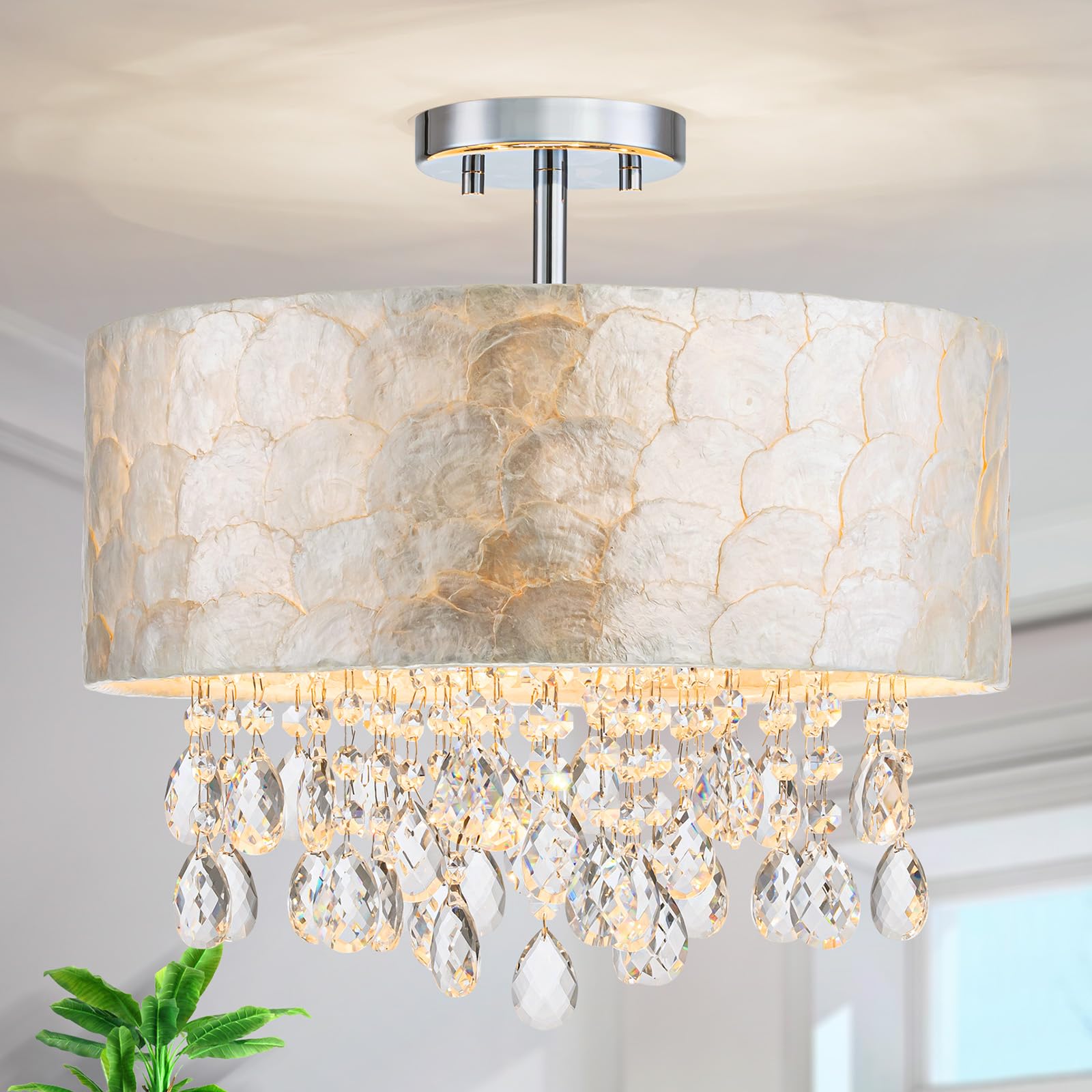 LumFurn X-Large 6-Light Drum Capiz Shell Crystal Chandeliers, Coastal Style Pendant Light Fixture for Dining Room, Living Room, D24 x H23~71 inch(Adjustable), Shell Lampshade & Chrome Finish