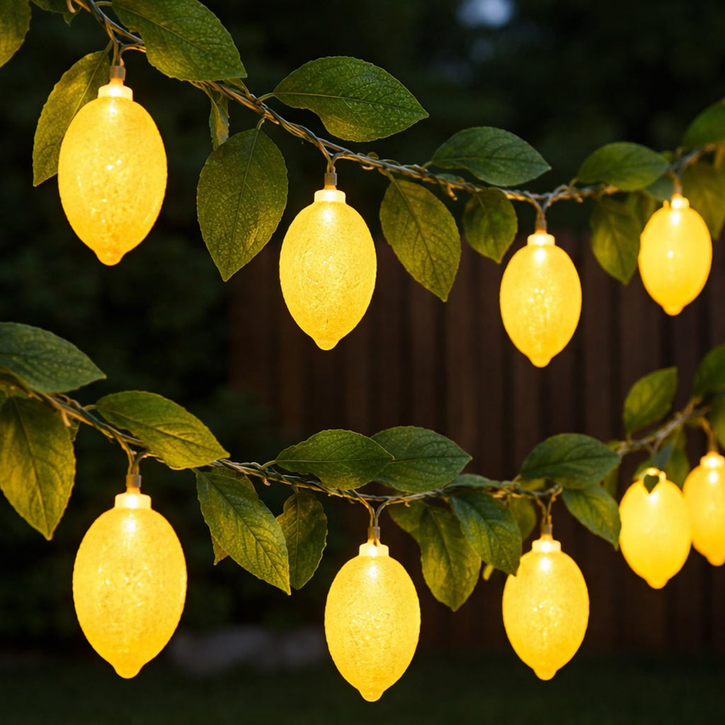 Baquler 2 Pcs Total 13.12ft 20leds 3D Lemon LED String Lights Battery Operated Summer Artificial Fruit Garland Lemon Light Bulbs with Flower Leaves Fairy Lights for Wedding Party Table Decorations