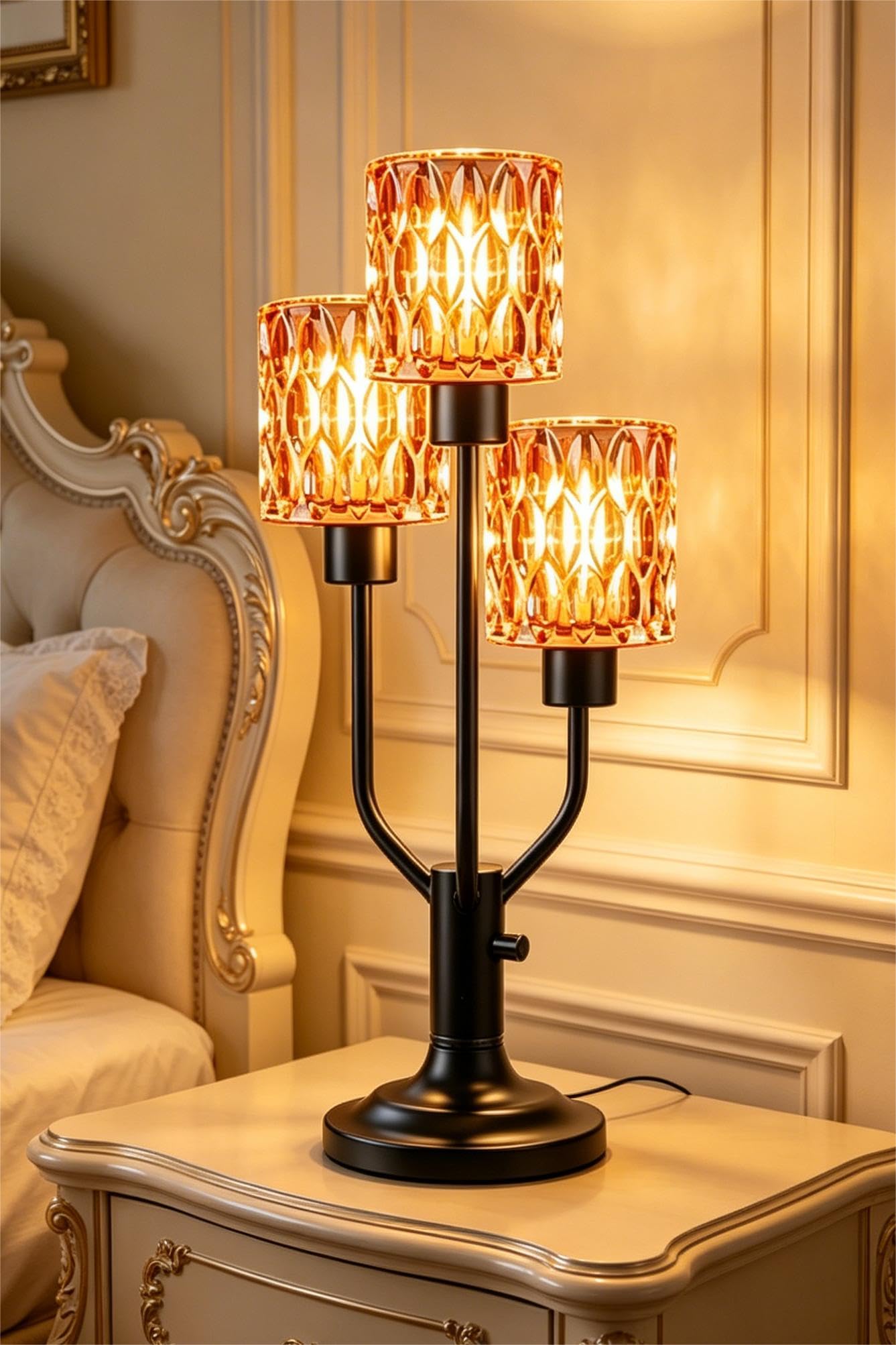 Mid Century Modern Table Lamp for Living Room Dimmable Nightstand Lamp Vintage Black Desk Lamp with Brown Glass 3 Bulbs Included Warmwhite Ambient Bedside Lamps for Bedroom Office Home Decor