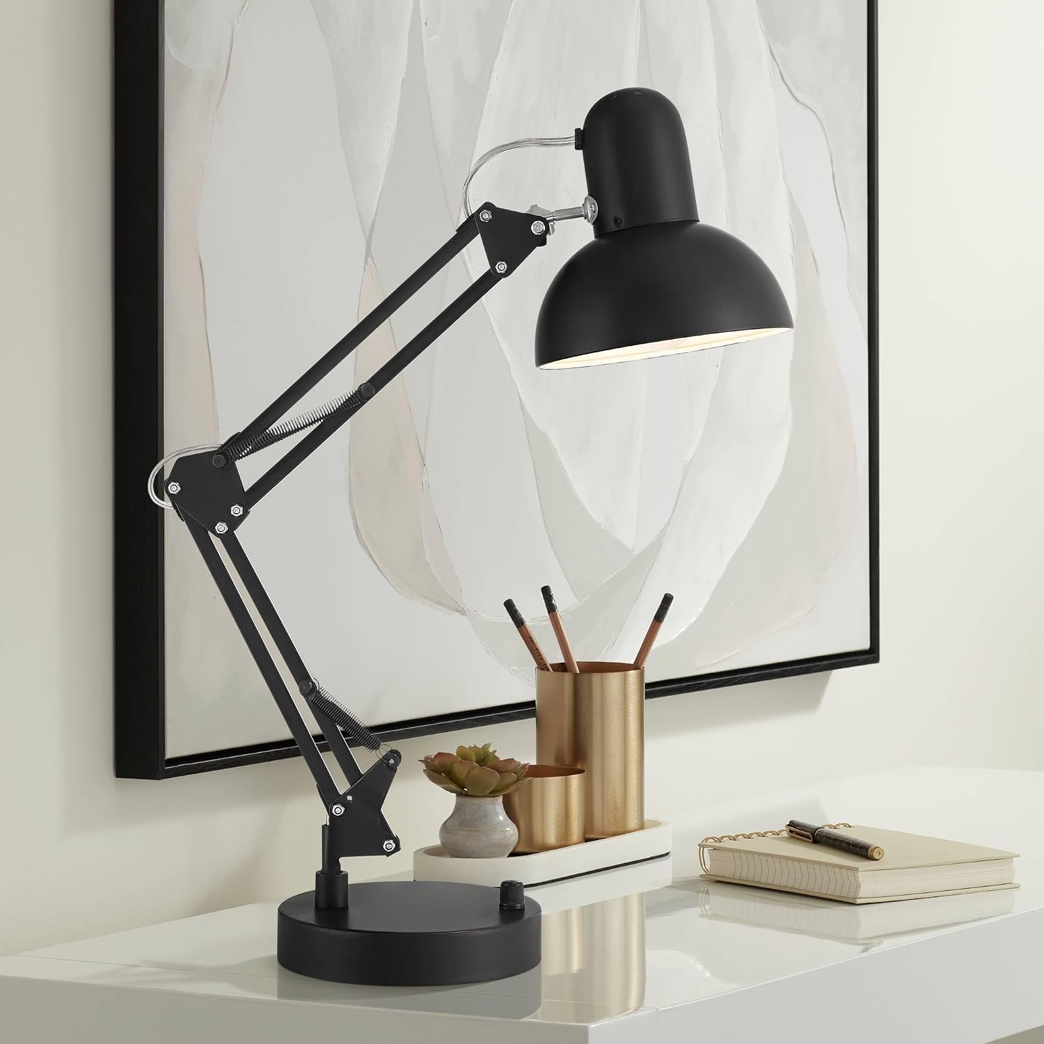 360 Lighting Wyatt 25" High Modern Desk Lamp with USB Charging Ports A+C Architect Adjustable Height Black Finish Metal Shade Home Office Living Room Bedroom Bedside Nightstand House