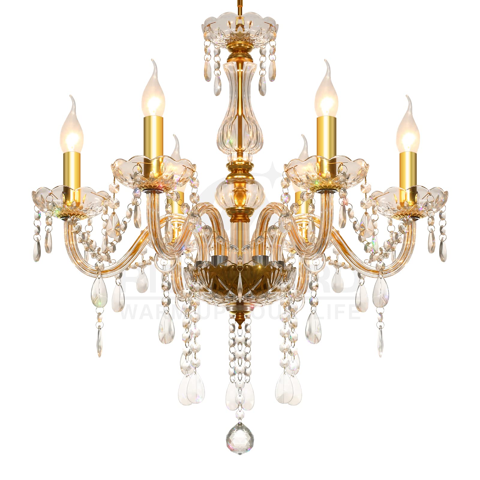 Ridgeyard 10-Light Crystal Chandelier Cognac/Champagne Modern K9 Crystal Candle Pendant Lamp Ceiling Lighting Fixture, Chandeliers for Dining Room Home Decor