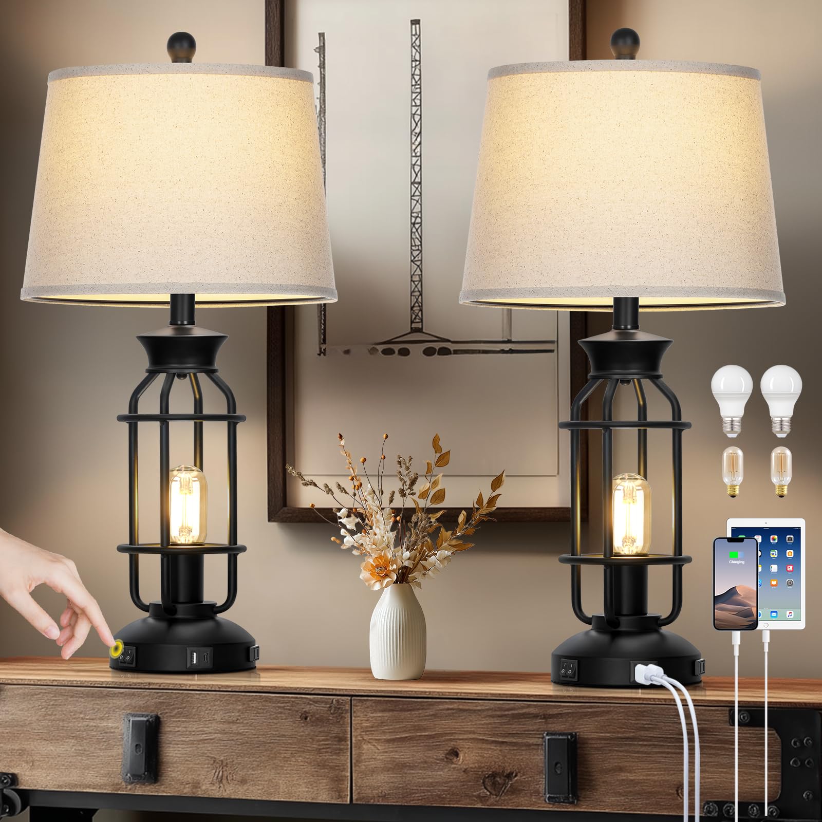 28" Vintage Table Lamps for Living Room, Industrial Farmhouse Table Lamp with USB C+A Ports & Outlet, Rustic Nightstand Bedside Lamps with 2 Night Light for Bedroom End Tables Bronze, 4 Bulbs Included
