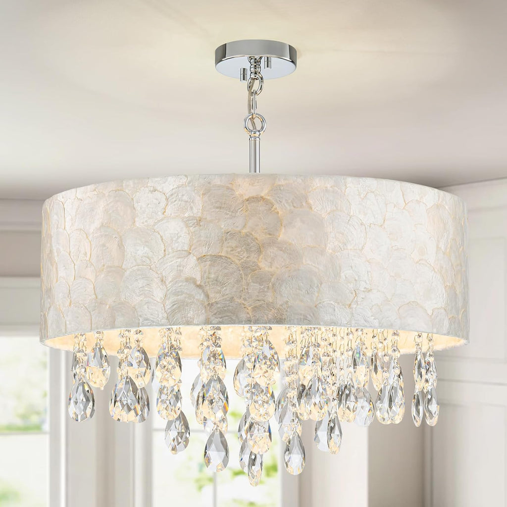 LumFurn X-Large 6-Light Drum Capiz Shell Crystal Chandeliers, Coastal Style Pendant Light Fixture for Dining Room, Living Room, D24 x H23~71 inch(Adjustable), Shell Lampshade & Chrome Finish