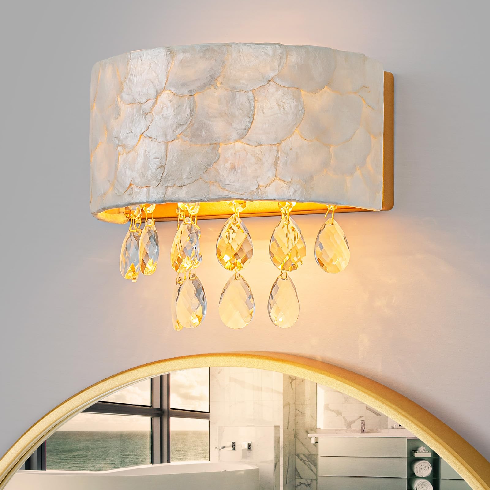 LumFurn X-Large 6-Light Drum Capiz Shell Crystal Chandeliers, Coastal Style Pendant Light Fixture for Dining Room, Living Room, D24 x H23~71 inch(Adjustable), Shell Lampshade & Chrome Finish
