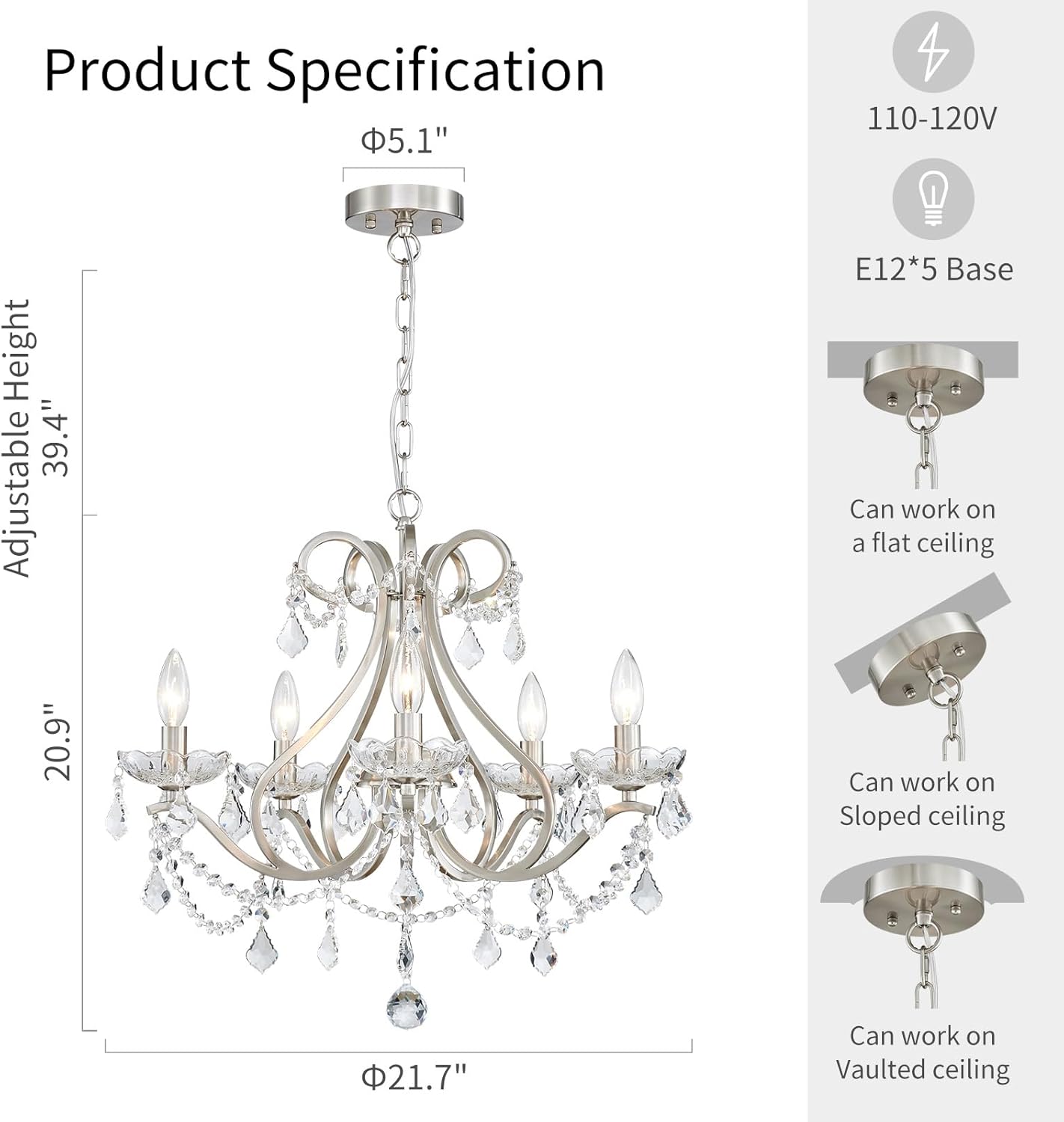 WUZUPS Crystal 5-Light Candle Chandelier Pendant Flushmount Ceiling Light Modern Lighting Fixture for Bedroom Hallway Bar Kitchen Bathroom, H 20.9" x W 21.7", Brushed Nickel, E12 Base