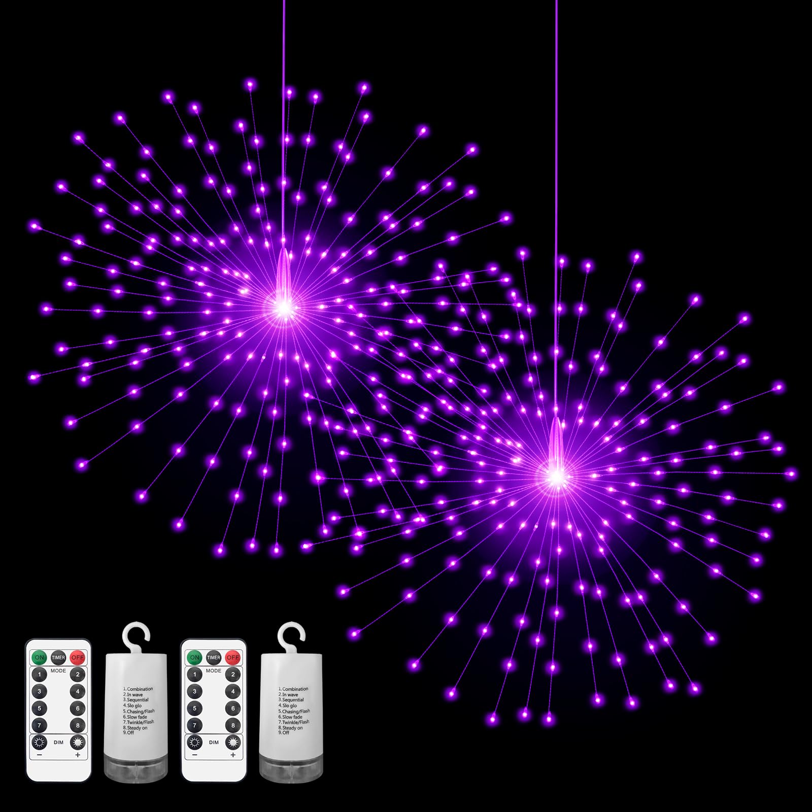 PXBNIUYA 4 Pack Starburst Sphere Lights,200 LED Firework Lights, 8 Modes Dimmable Remote Control Waterproof Hanging Fairy Light, Copper Wire Light for Patio Parties Christmas (Battery Operated)