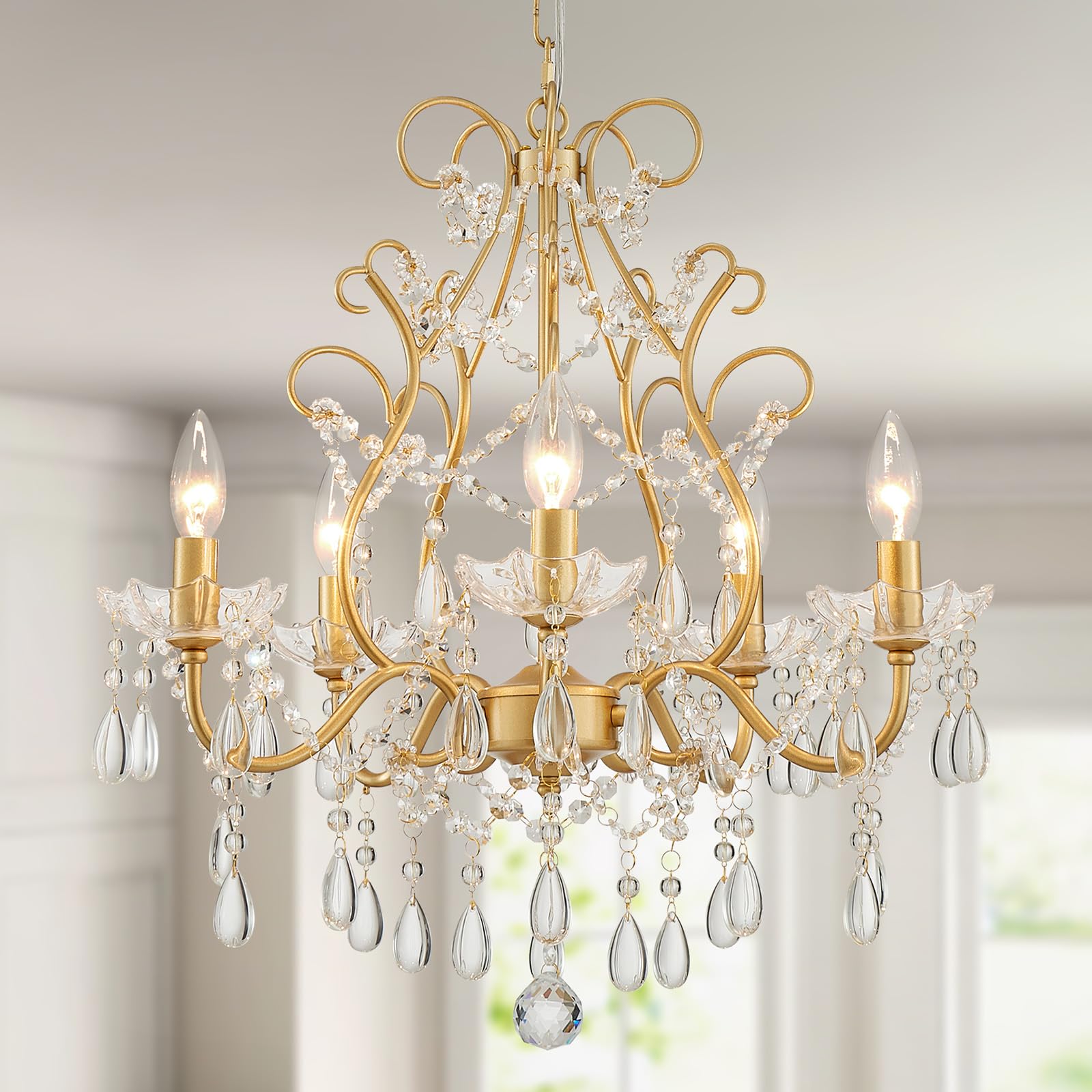 WUZUPS Crystal 5-Light Candle Chandelier Pendant Flushmount Ceiling Light Modern Lighting Fixture for Bedroom Hallway Bar Kitchen Bathroom, H 20.9" x W 21.7", Brushed Nickel, E12 Base