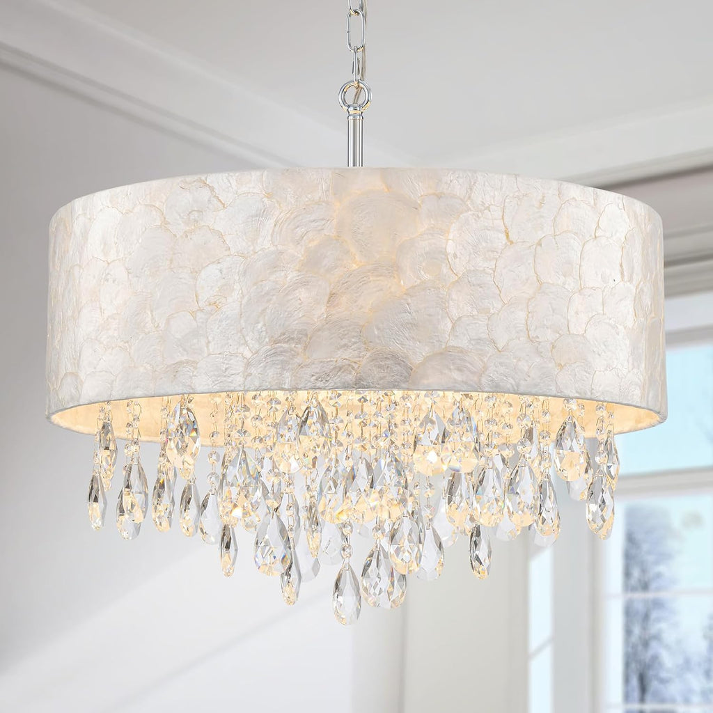 LumFurn X-Large 6-Light Drum Capiz Shell Crystal Chandeliers, Coastal Style Pendant Light Fixture for Dining Room, Living Room, D24 x H23~71 inch(Adjustable), Shell Lampshade & Chrome Finish