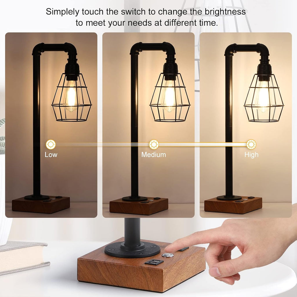 YBING Industrial Desk Lamp, Bulb Included, 3 Way Dimmable Table Lamp with Dual USB Ports & AC Outlet, Edison Touch Control for Bedroom, Study, Living Room, Office