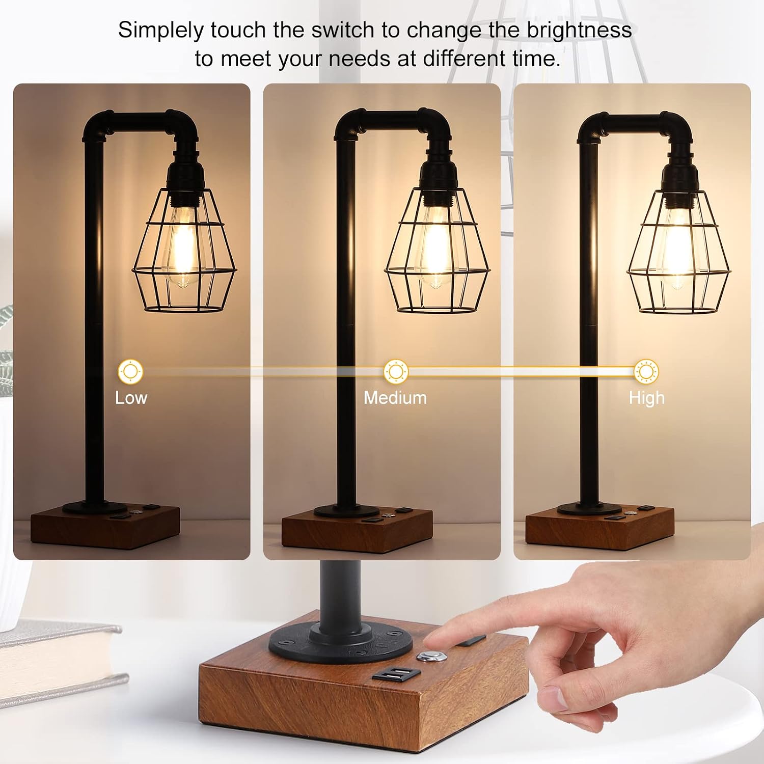 YBING Industrial Desk Lamp, Bulb Included, 3 Way Dimmable Table Lamp with Dual USB Ports & AC Outlet, Edison Touch Control for Bedroom, Study, Living Room, Office