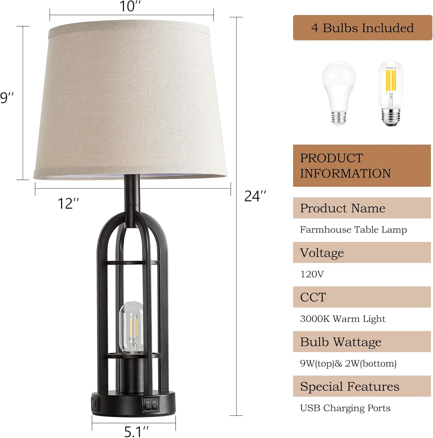 SRJJA Black Table Lamps for Living Room Set of 2 - Farmhouse Lamps for Night Stands with USB A+C, Bedside Lamps for Bedroom, 24'' Industrial Lamp for Living Room End Tables