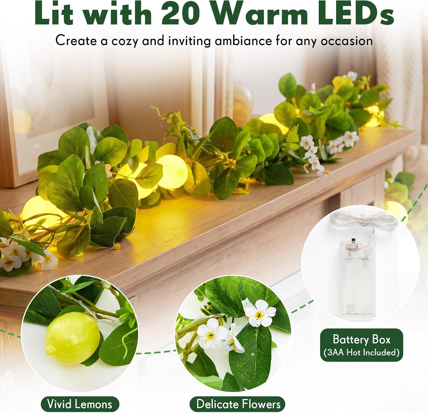 Baquler 2 Pcs Total 13.12ft 20leds 3D Lemon LED String Lights Battery Operated Summer Artificial Fruit Garland Lemon Light Bulbs with Flower Leaves Fairy Lights for Wedding Party Table Decorations