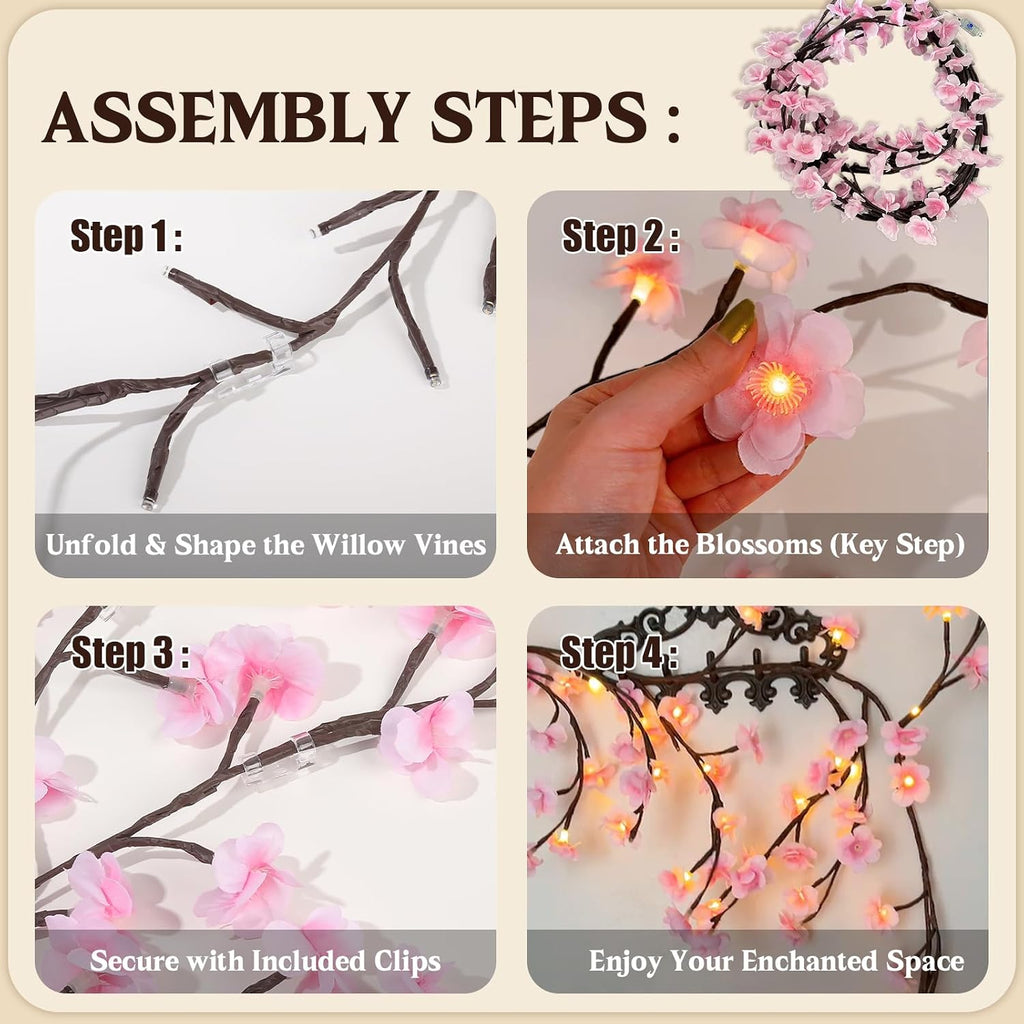 Drawelry LED Willow Vines Light, DIY Enchanted Wall Decoration Vine Flower Lights, Creative Wall Bedrooms Decor Christmas Home Gift for Family (144 Lights(7.5ft))