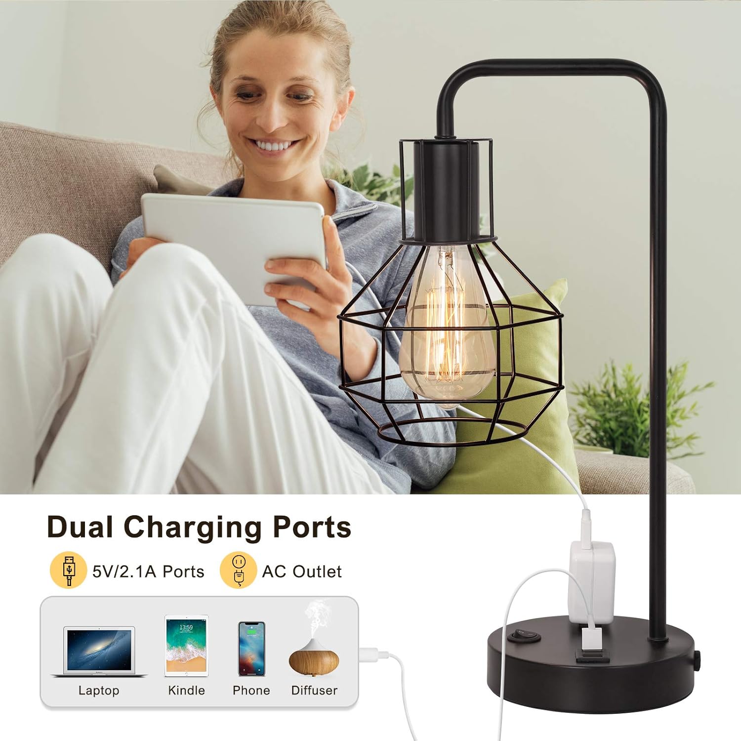 HAITRAL USB Modern Table Lamp with Outlet, Industrial Farmhouse Bedside Desk Lamp for Bedroom, Office, Living Room, Black (Without Bulb)